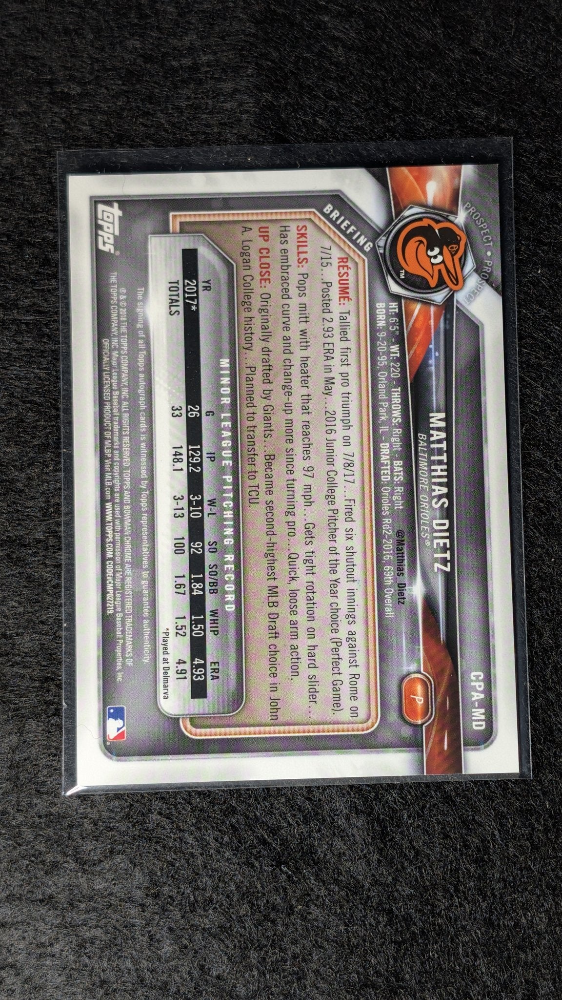Matthias Dietz 2018 Bowman #PA-MD Prospect Autographs Baltimore Orioles - back image