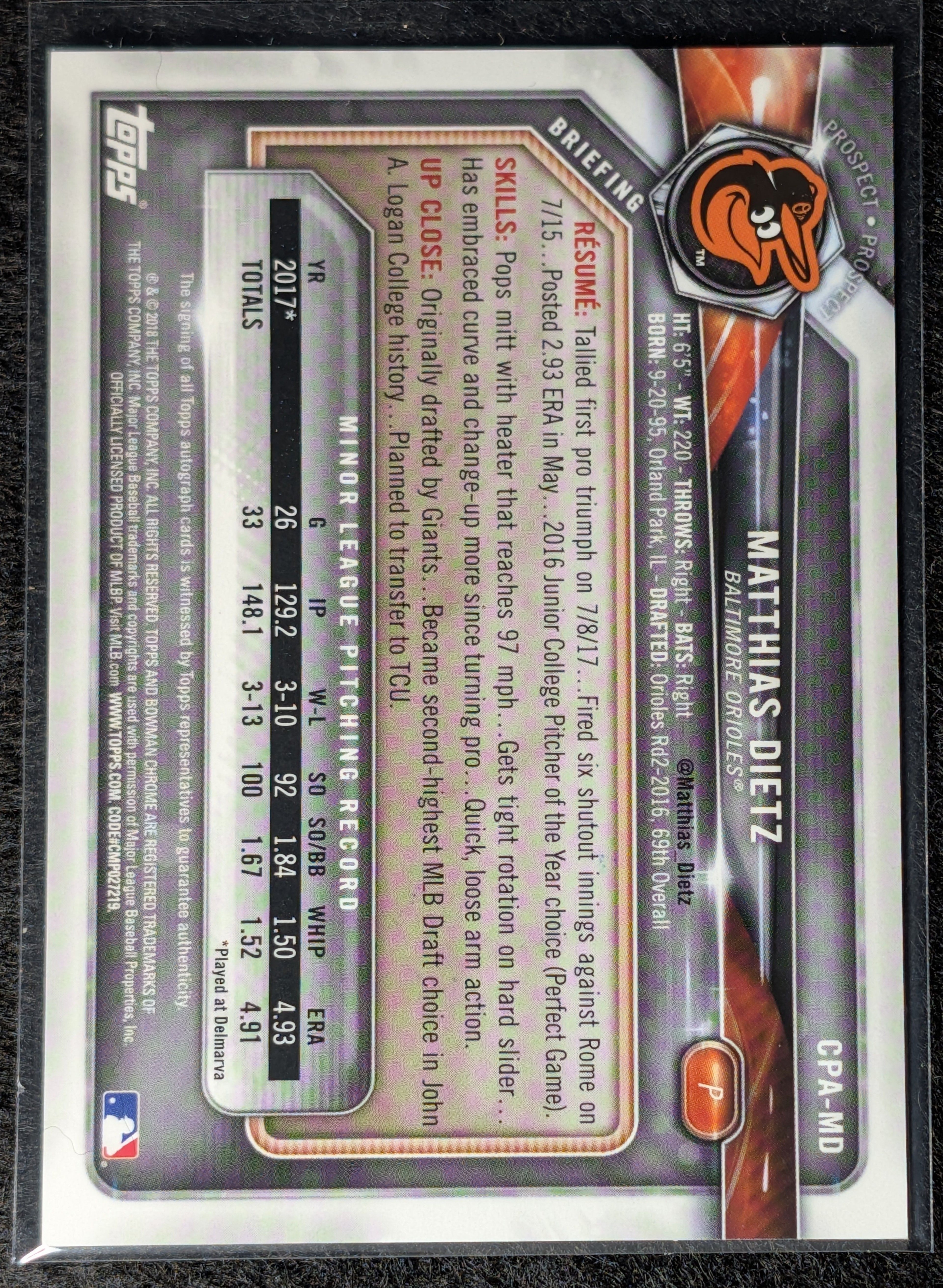 2018 Bowman Matthias Dietz #PA-MD Prospect Autographs Baltimore Orioles