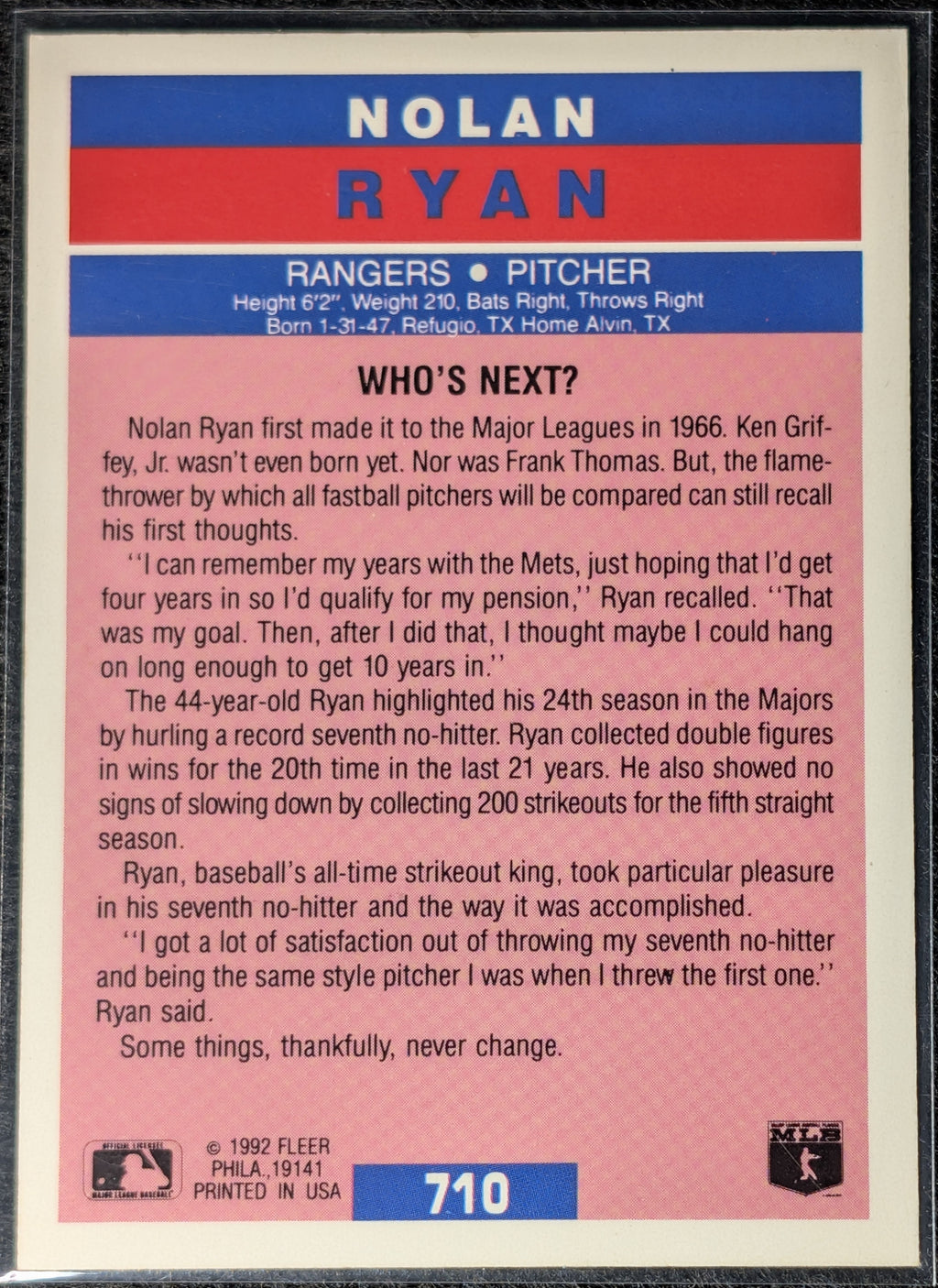 1992 Fleer Nolan Ryan #710 Texas Rangers