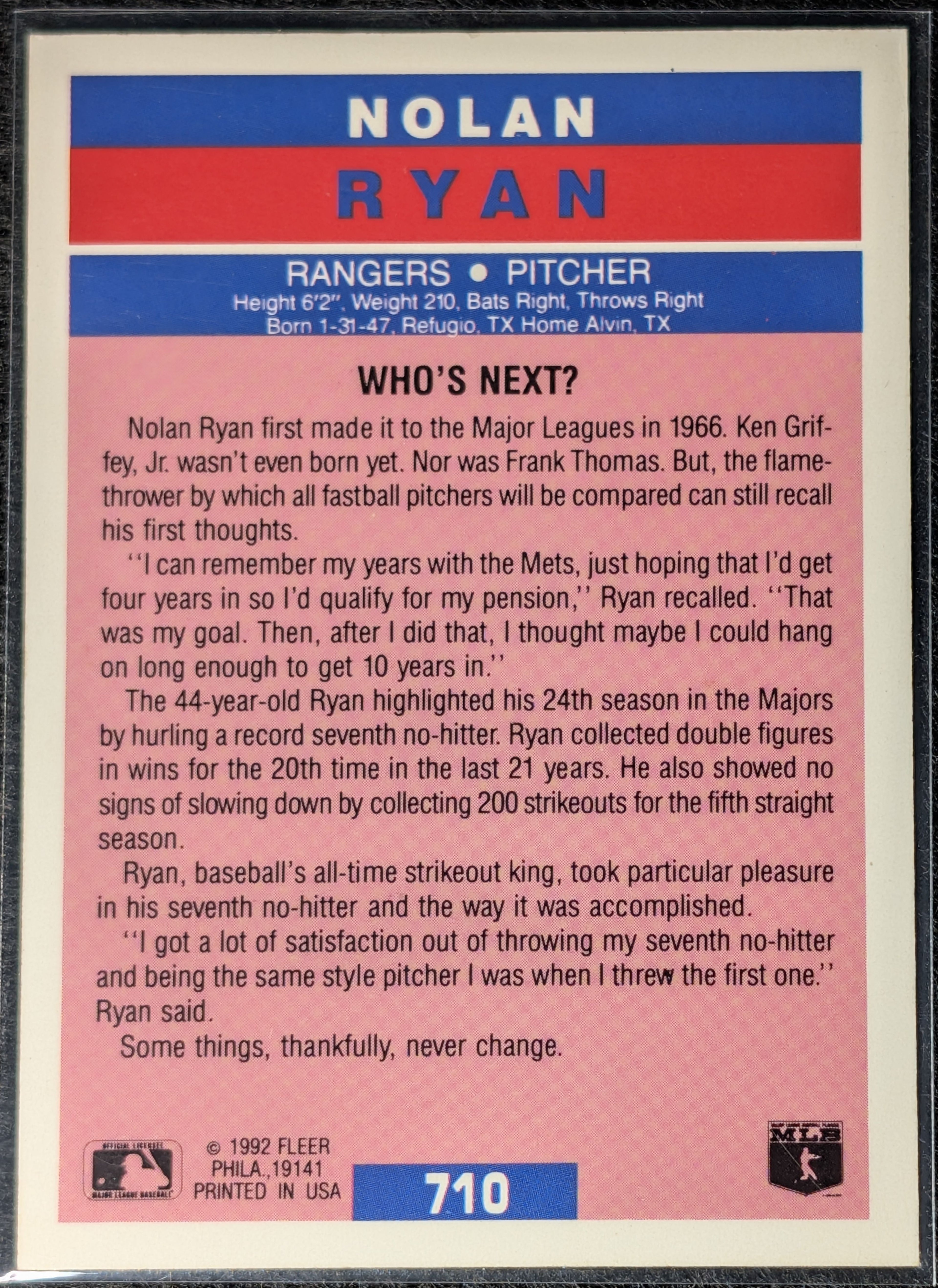 1992 Fleer Nolan Ryan #710 Texas Rangers
