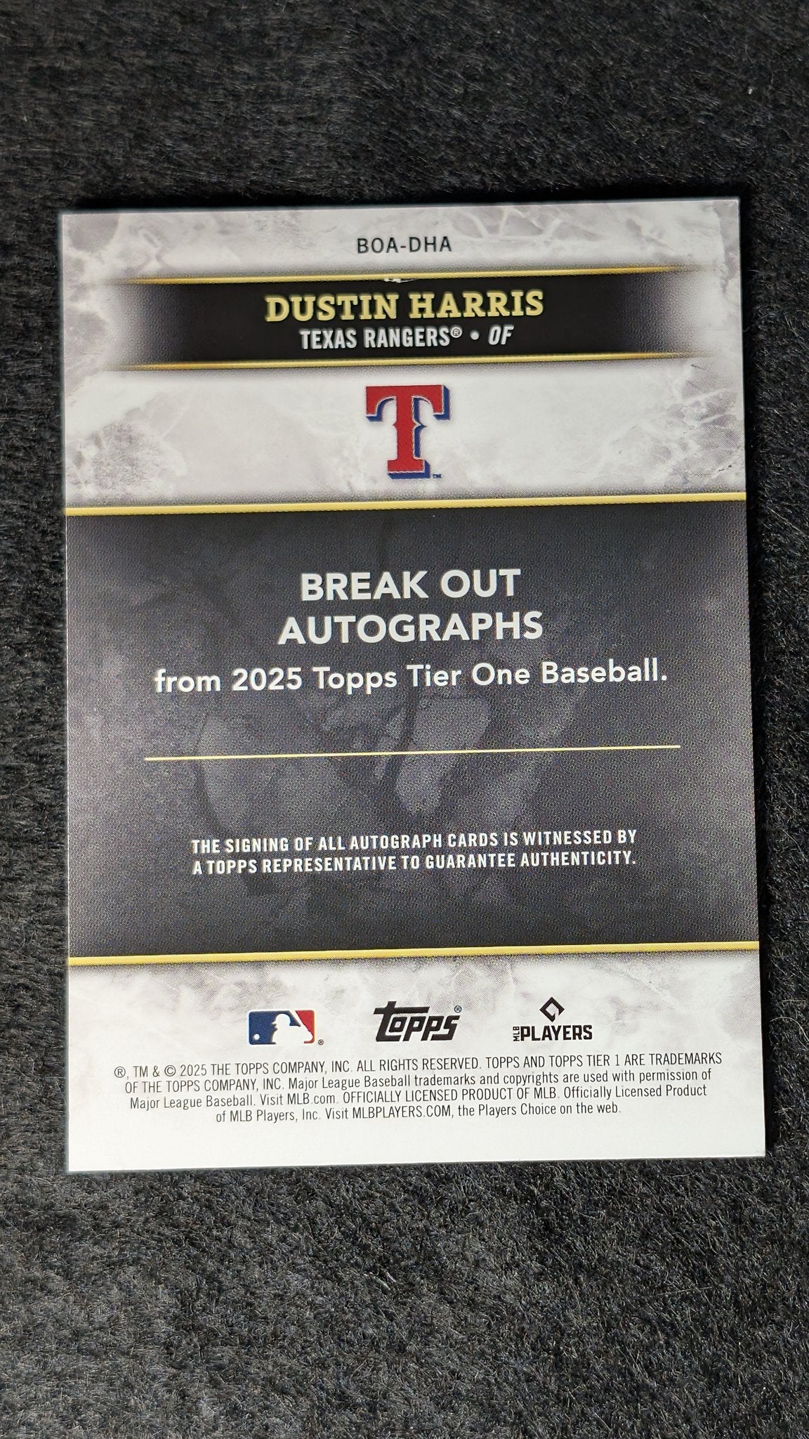 Dustin Harris 2025 Topps Tier One #BOA-DHA Break Out Autographs Green Foil Texas Rangers - back image