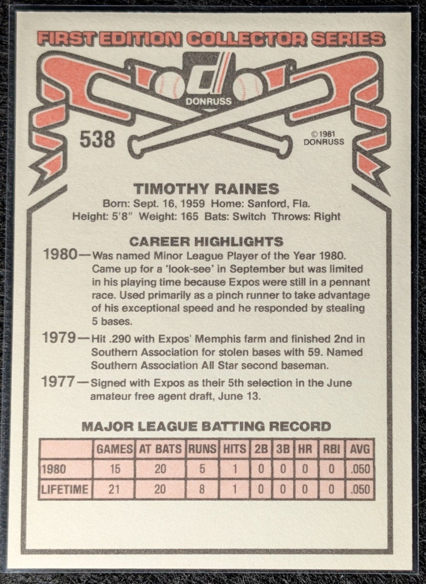 1981 Donruss Tim Raines #538 RC Montreal Expos