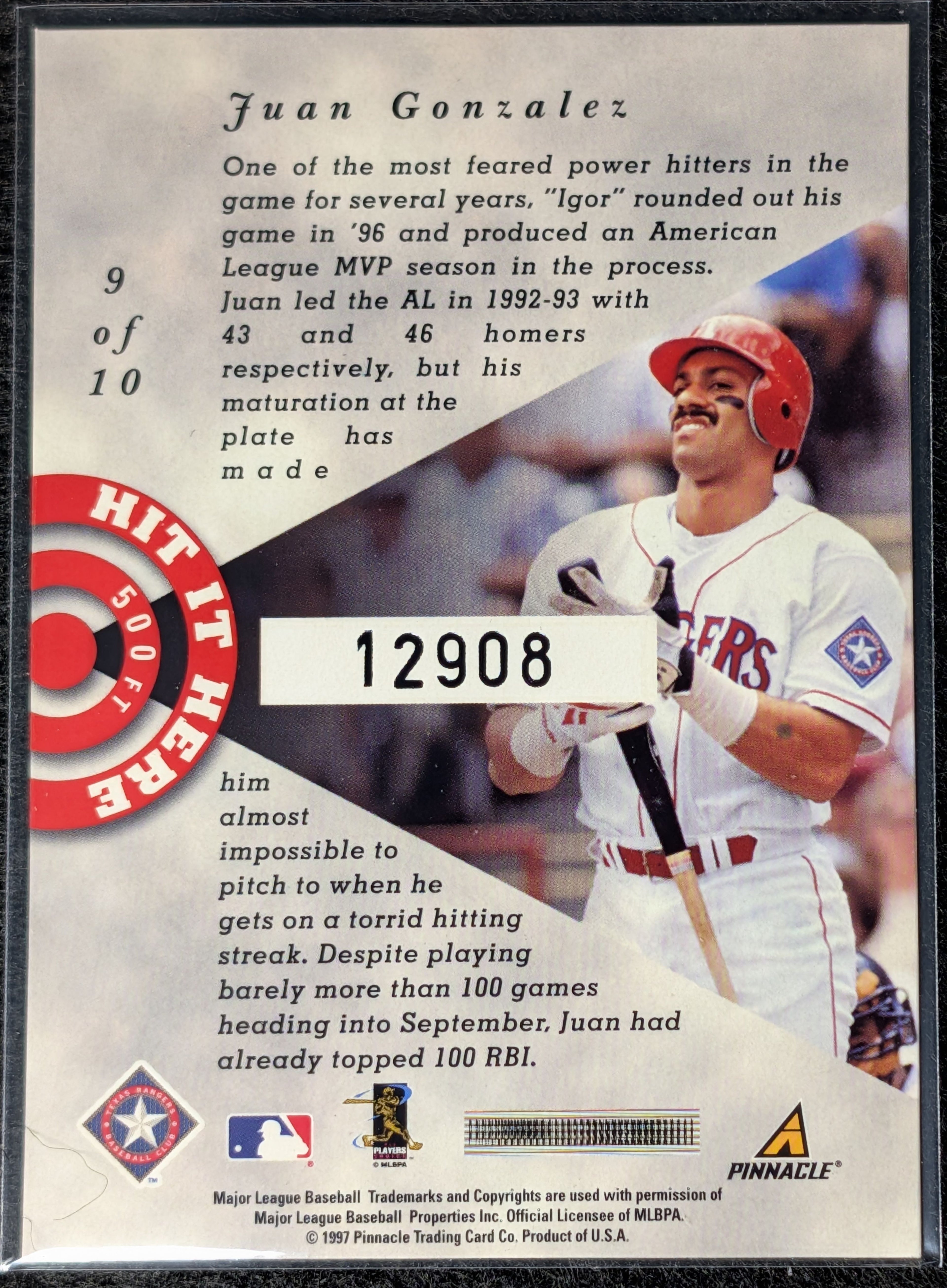 1998 Pinnacle Juan Gonzalez #9 Dufex Hit it Here Texas Rangers