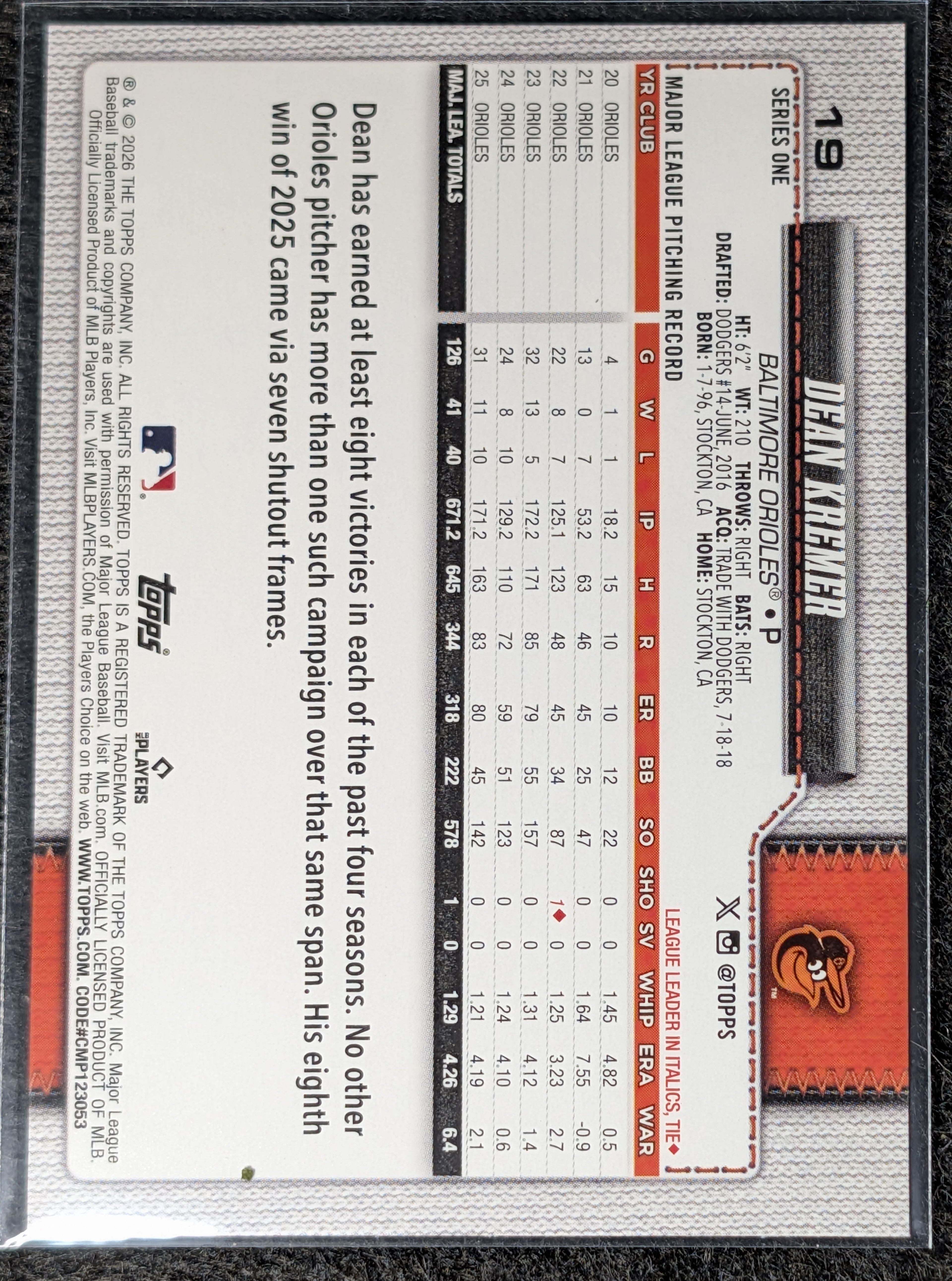 2026 Topps Dean Kremer #19 Sandglitter Baltimore Orioles