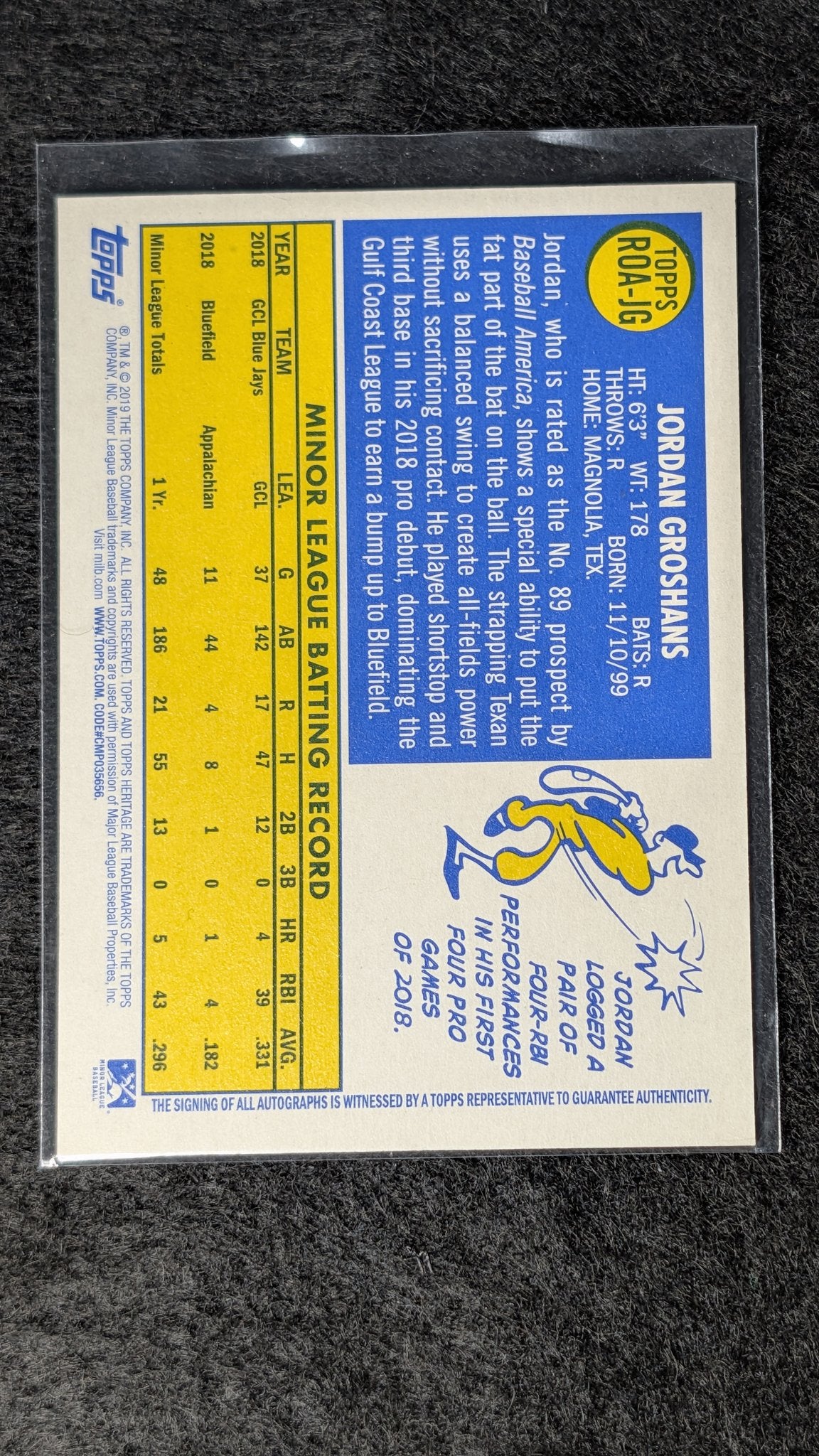 Jordan Groshans 2019 Topps Heritage Minor League #ROA-JG Real One Autographs Bluefield Blue Jays - back image