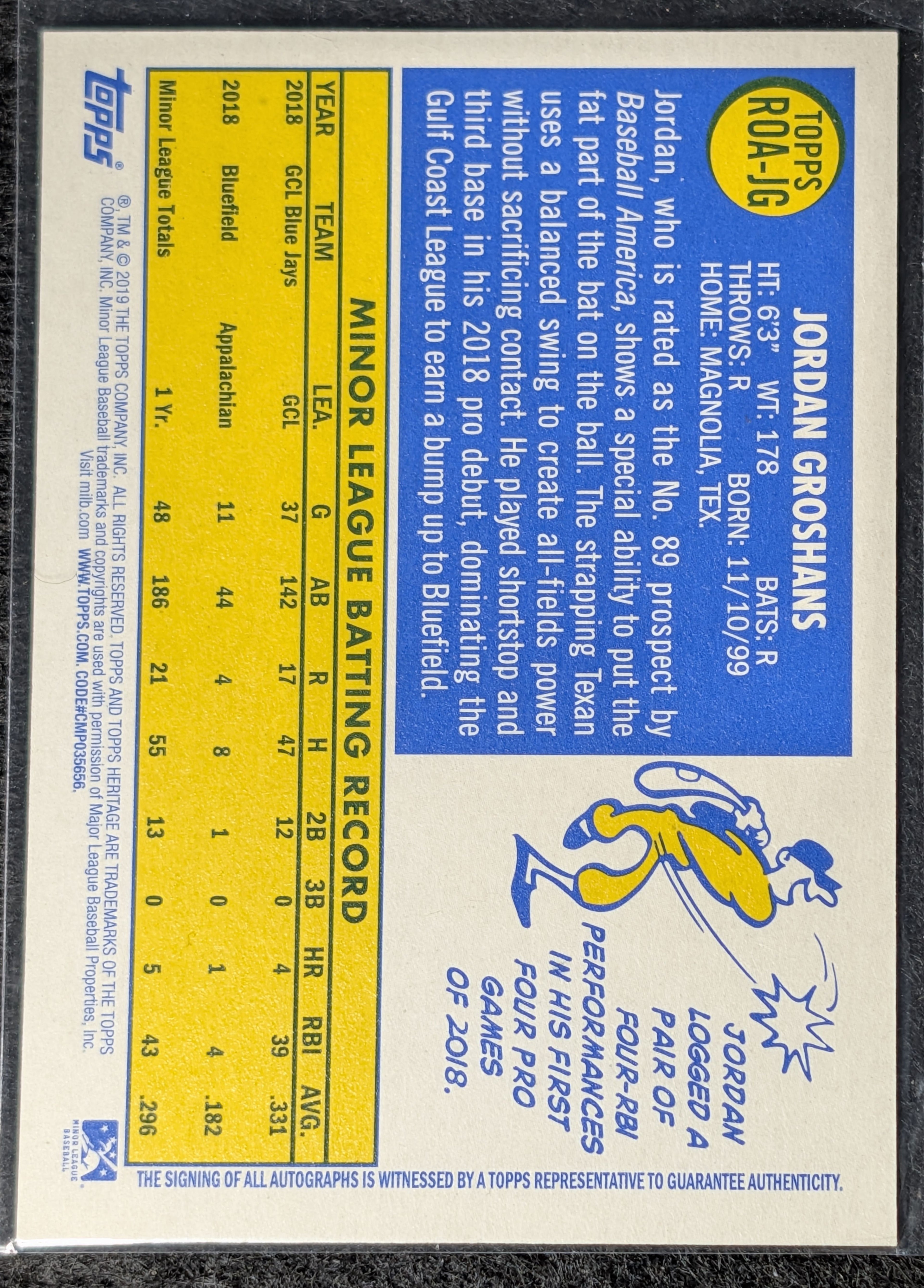 2019 Topps Heritage Minor League Jordan Groshans #ROA-JG Real One Autographs Bluefield Blue Jays