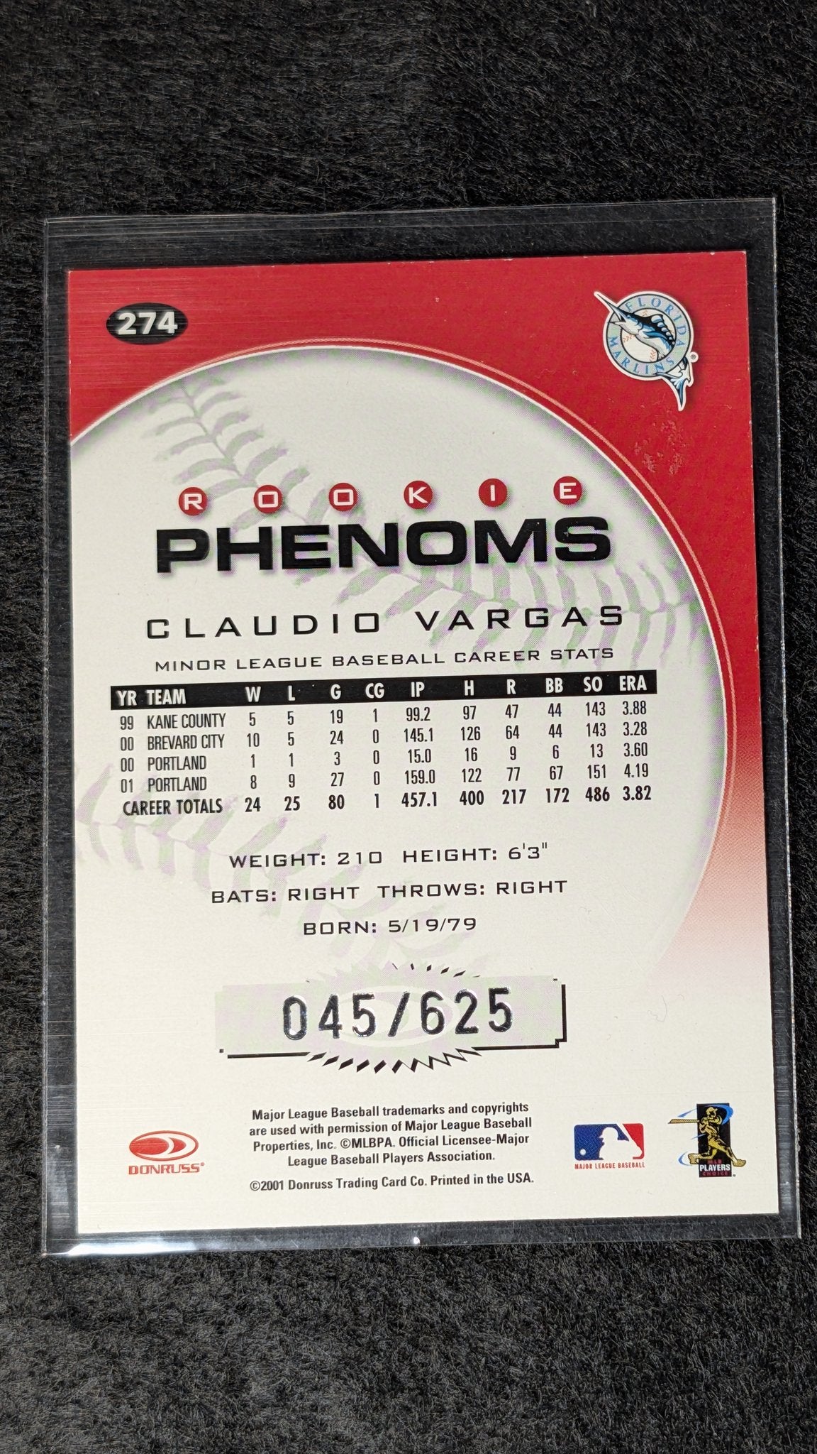Claudio Vargas 2001 Donruss Class of 2001 #274 Rookie Autographs Florida Marlins - back image