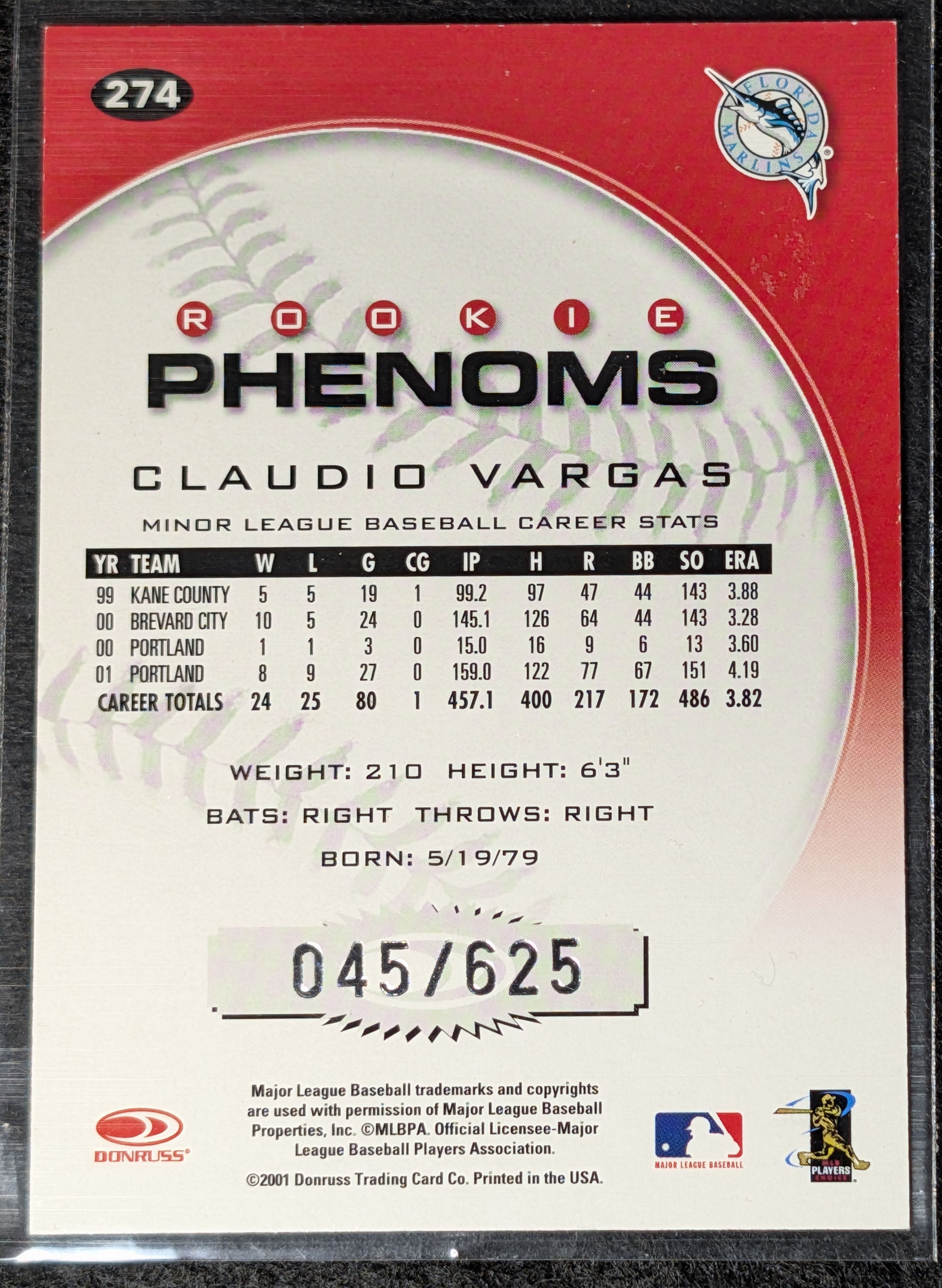 2001 Donruss Class of 2001 Claudio Vargas #274 Rookie Autographs SN,RC,AU Florida Marlins