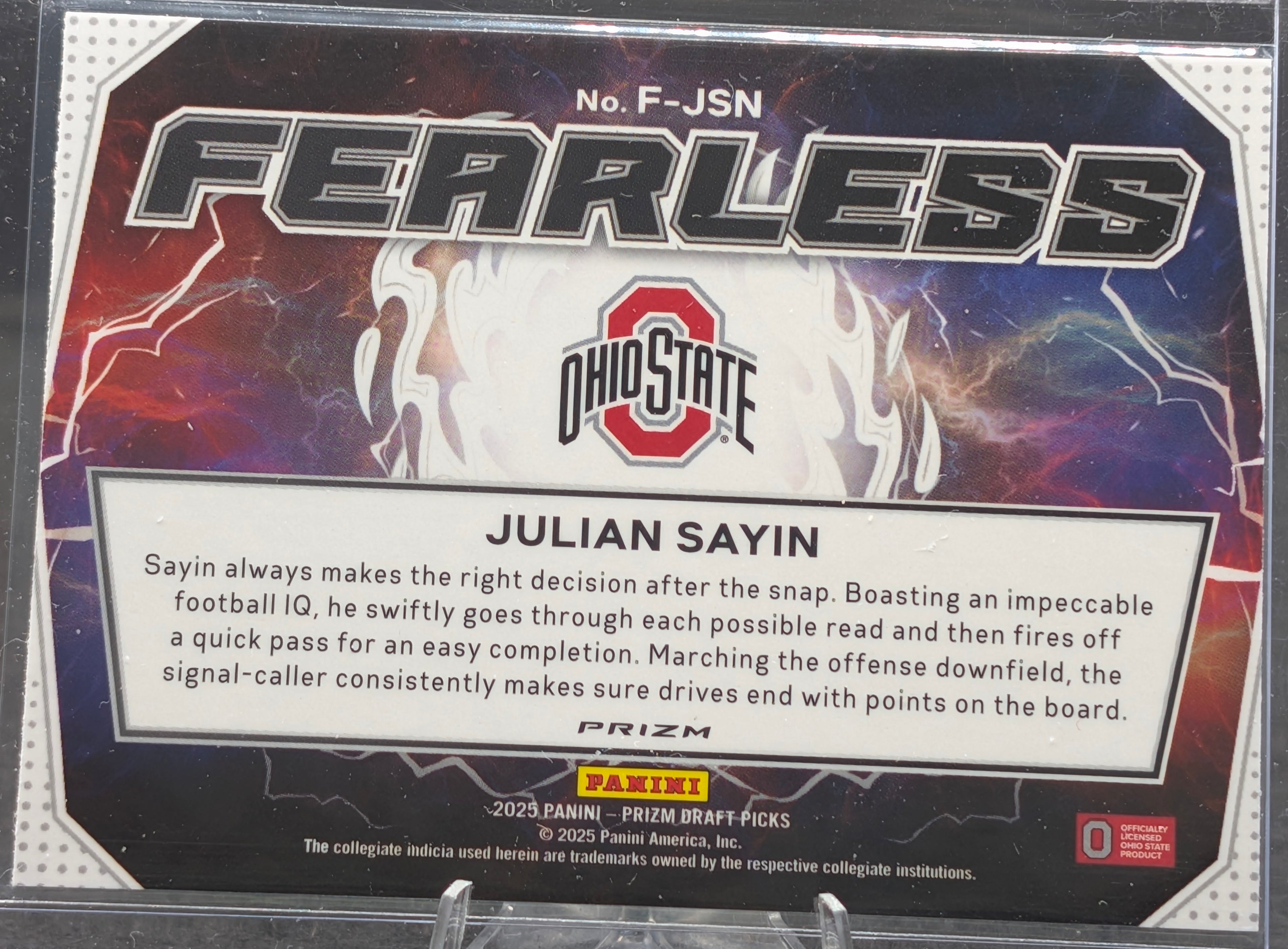 2025 Panini Prizm Draft Picks Julian Sayin #F-JSN Fearless Red Ice Ohio State Buckeyes back