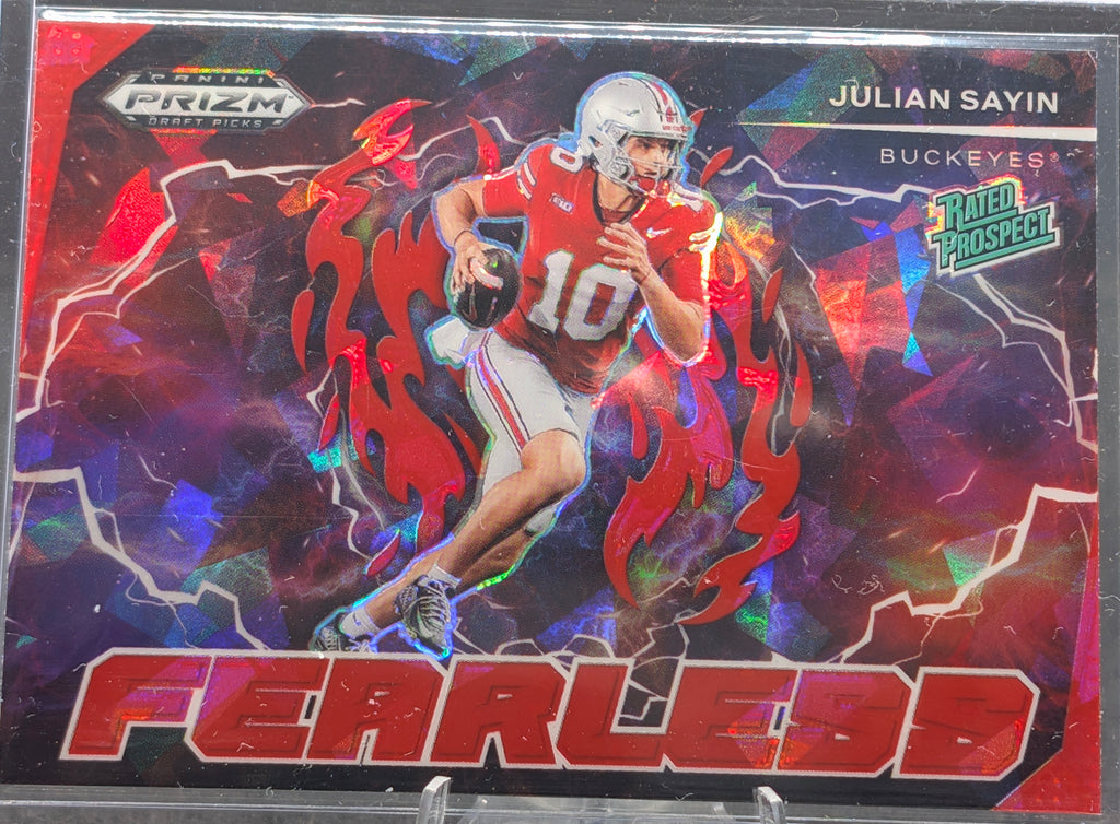 2025 Panini Prizm Draft Picks Julian Sayin #F-JSN Fearless Red Ice Ohio State Buckeyes front