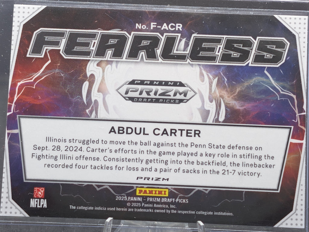Abdul Carter 2025 Panini Prizm Draft Picks #F-ACR Fearless Red Ice Penn State Nittany Lions - back image
