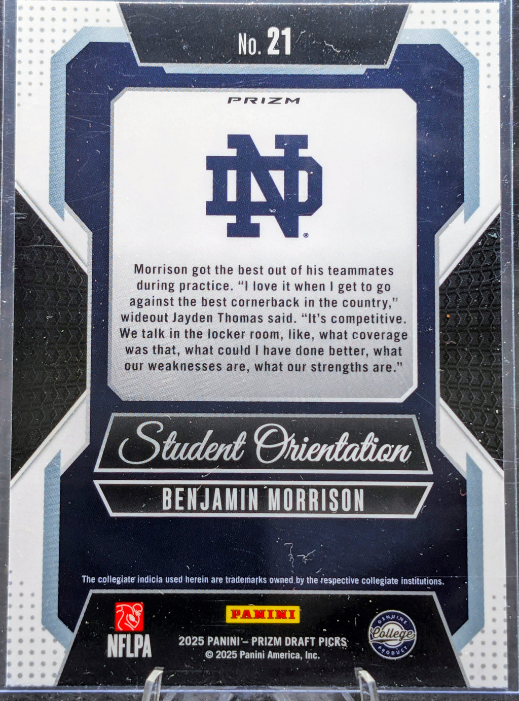 2025 Panini Prizm Draft Picks Benjamin Morrison #21 Student Orientation Gold Ice Notre Dame Fighting Irish back