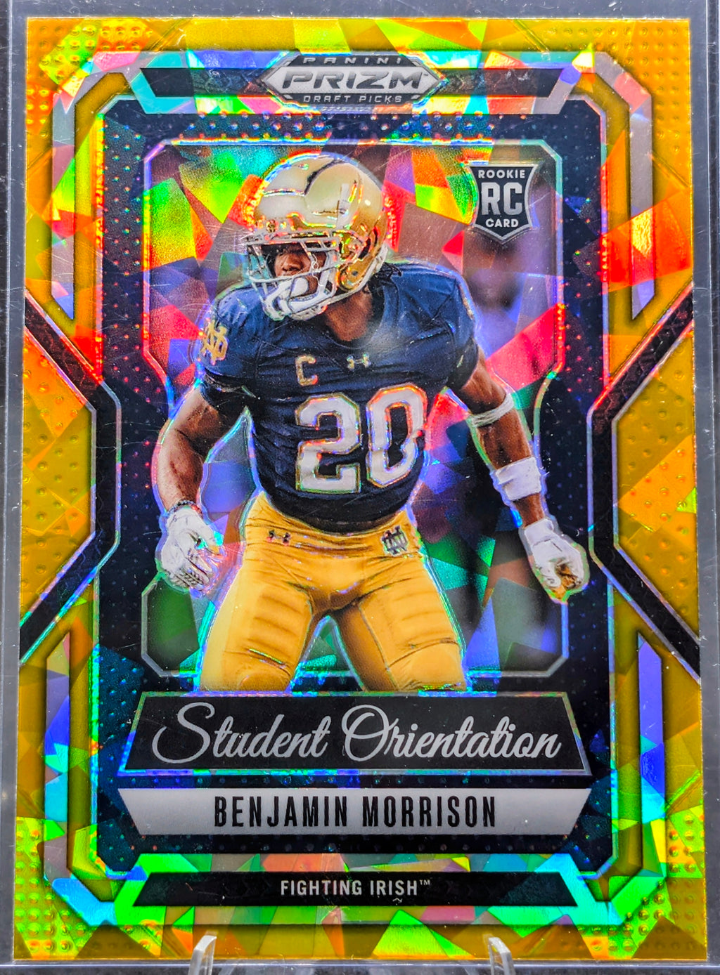 2025 Panini Prizm Draft Picks Benjamin Morrison #21 Student Orientation Gold Ice Notre Dame Fighting Irish front