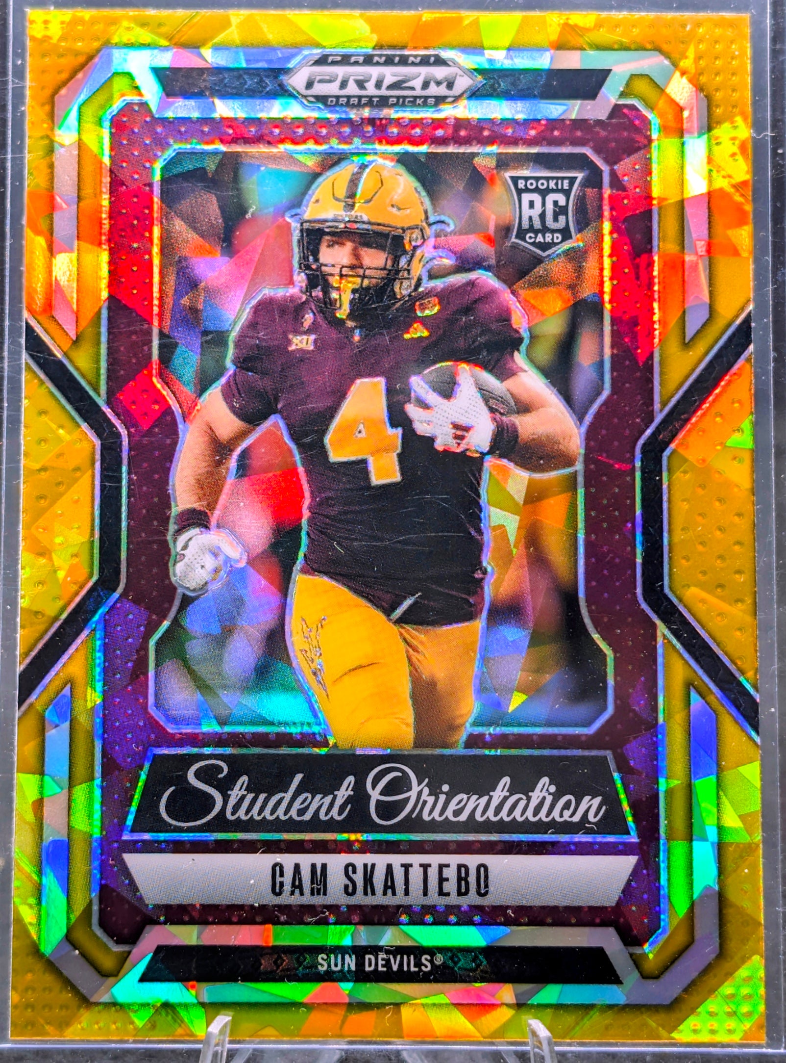 2025 Panini Prizm Draft Picks Cam Skattebo #16 Student Orientation Gold Ice Arizona State Sun Devils front