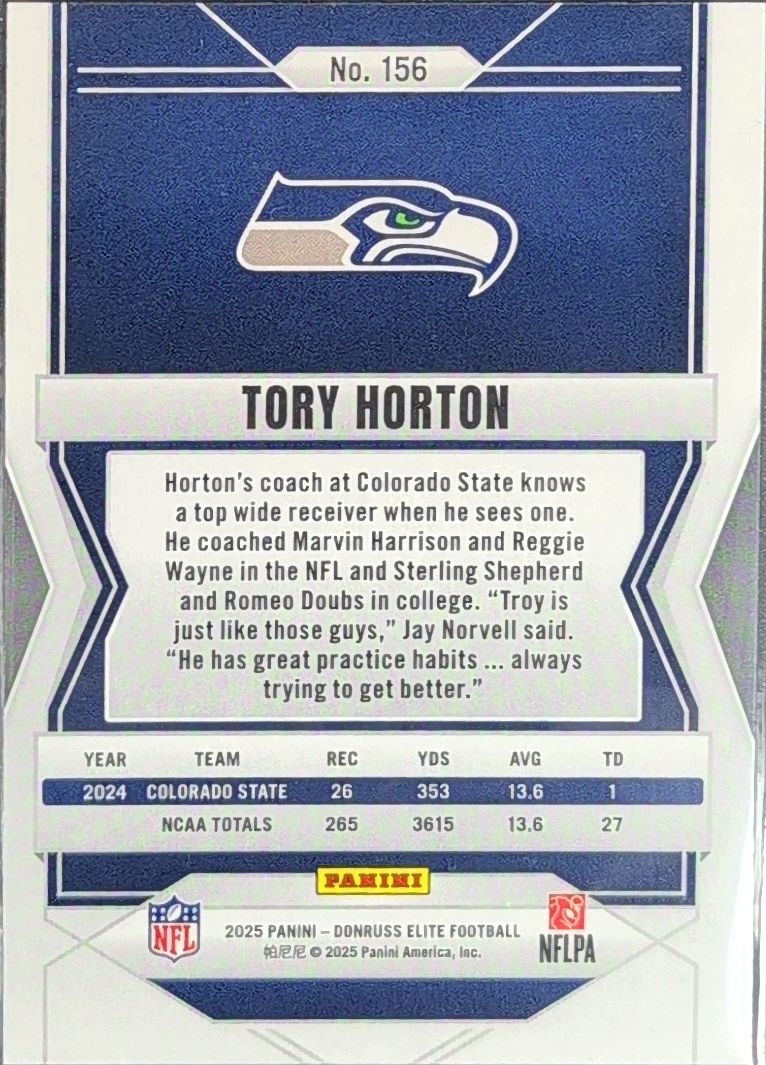 2025 Donruss Elite Tory Horton #156 Green Disco RC Seattle Seahawks back