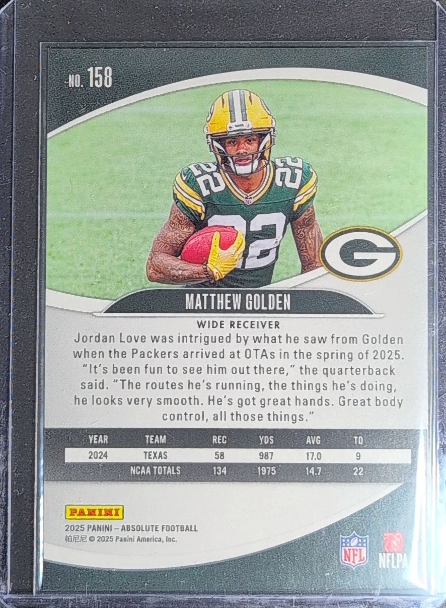 2025 Panini Absolute Matthew Golden #158 RC Green Bay Packers back