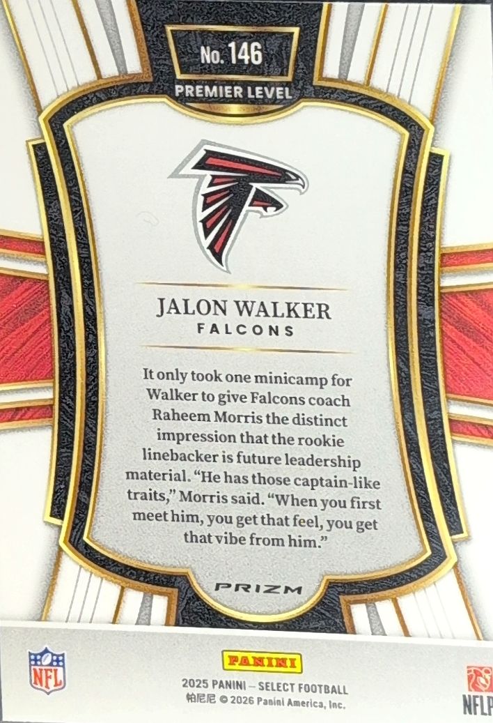2025 Panini Select Jalon Walker #146 Green and Yellow Prizm Shock Atlanta Falcons back