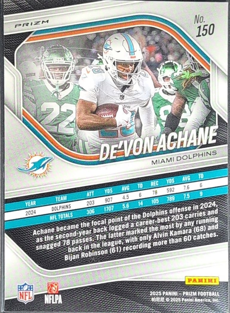 De'Von Achane 2025 Panini Prizm #150 Red White and Blue Miami Dolphins - back image