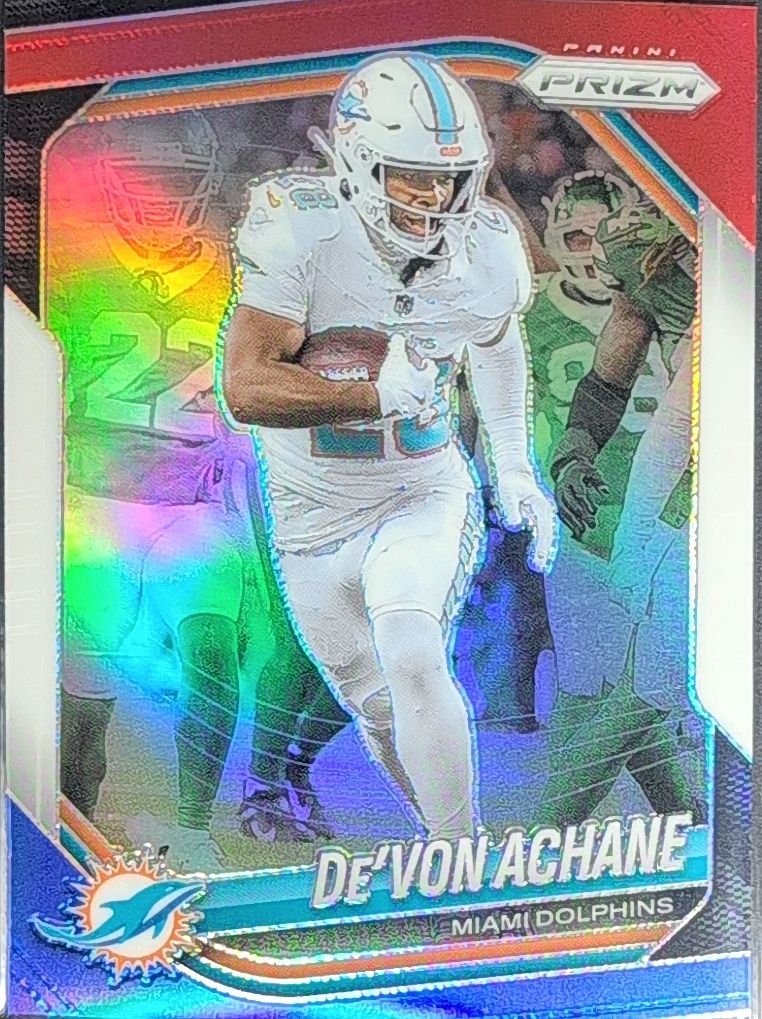 De'Von Achane 2025 Panini Prizm #150 Red White and Blue Miami Dolphins - front image