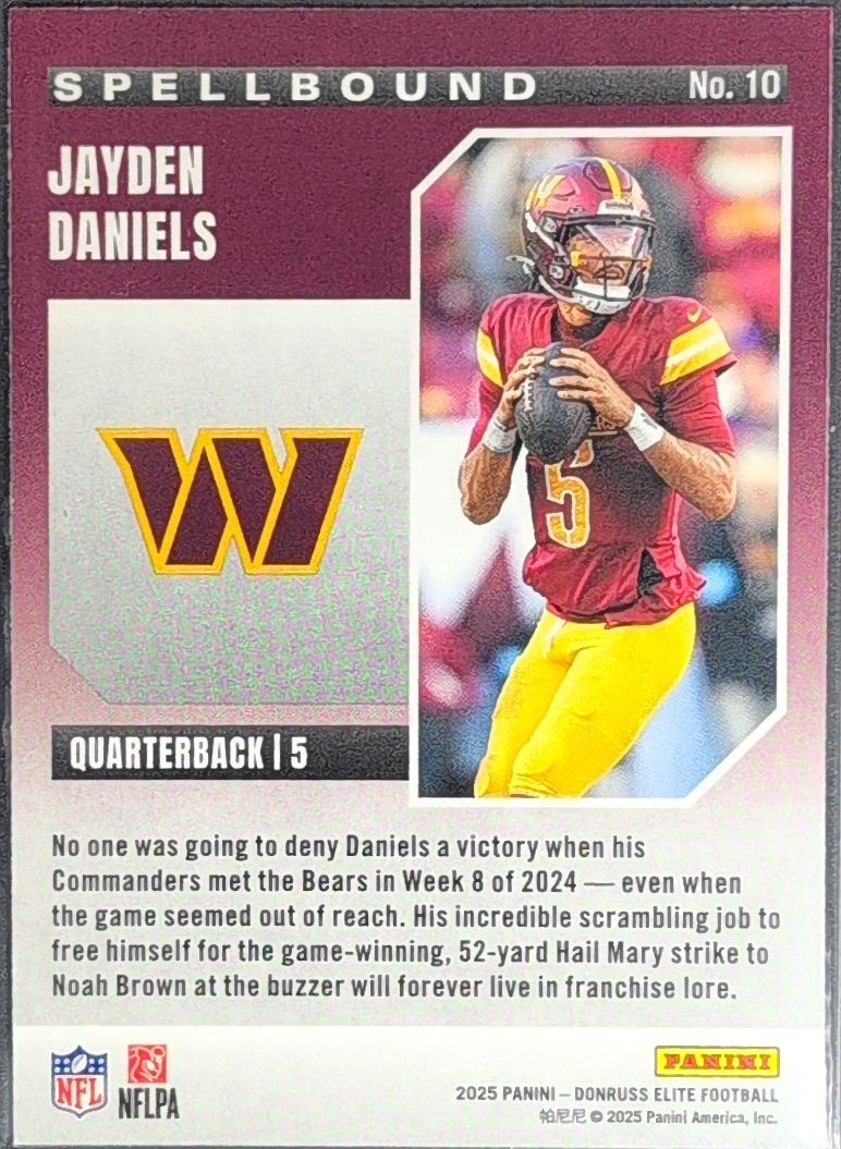 2025 Donruss Elite Jayden Daniels #10 Spellbound Green Washington Commanders back