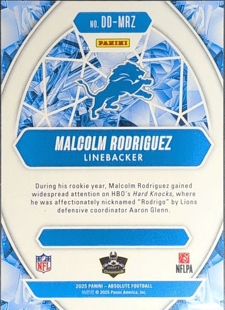 Malcolm Rodriguez 2025 Panini Absolute #DD-MRZ Draft Diamonds Detroit Lions - back image
