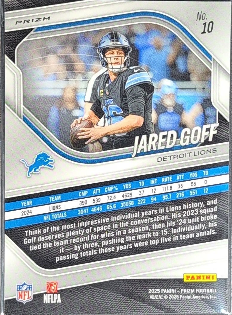 Jared Goff 2025 Panini Prizm #10 Red White and Blue Detroit Lions - back image