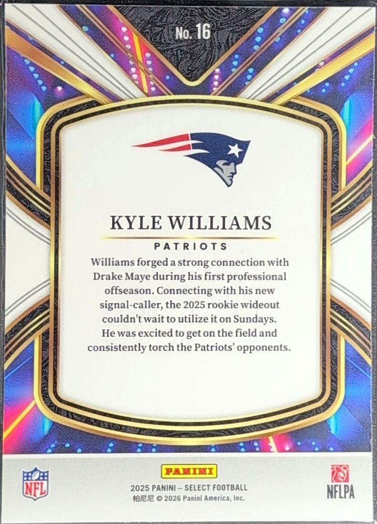 Kyle Williams 2025 Panini Select #16 Select Future New England Patriots
