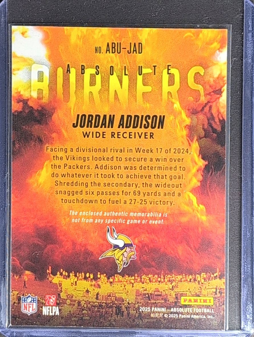 2025 Panini Absolute Jordan Addison #ABU-JAD Absolute Burners MEM Minnesota Vikings back