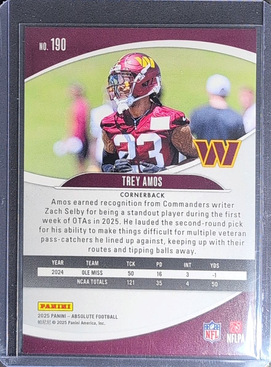 2025 Panini Absolute Trey Amos #190 Retail RC Washington Commanders back