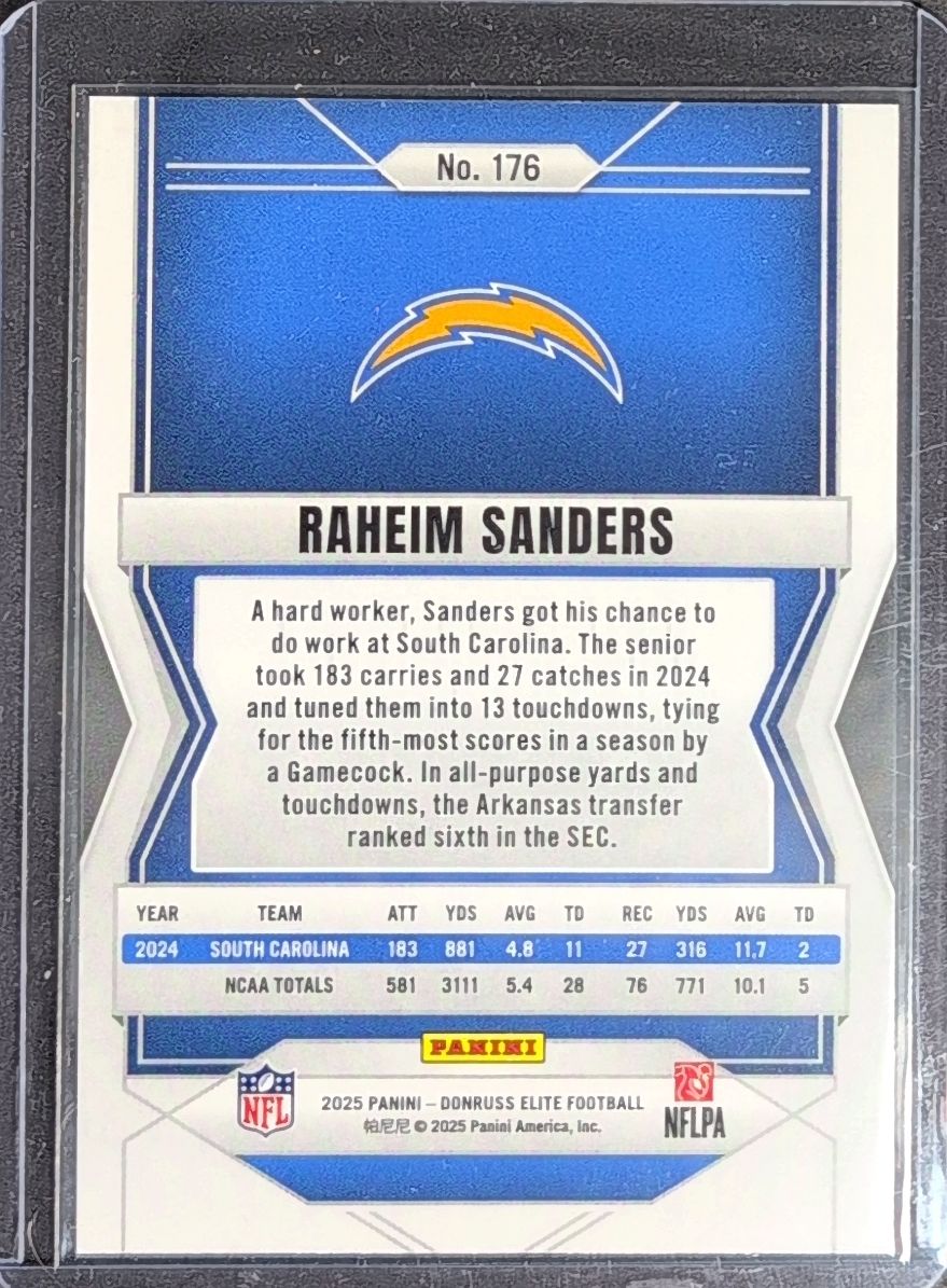 Raheim Sanders 2025 Donruss Elite #176 Green Disco Rookie Los Angeles Chargers
