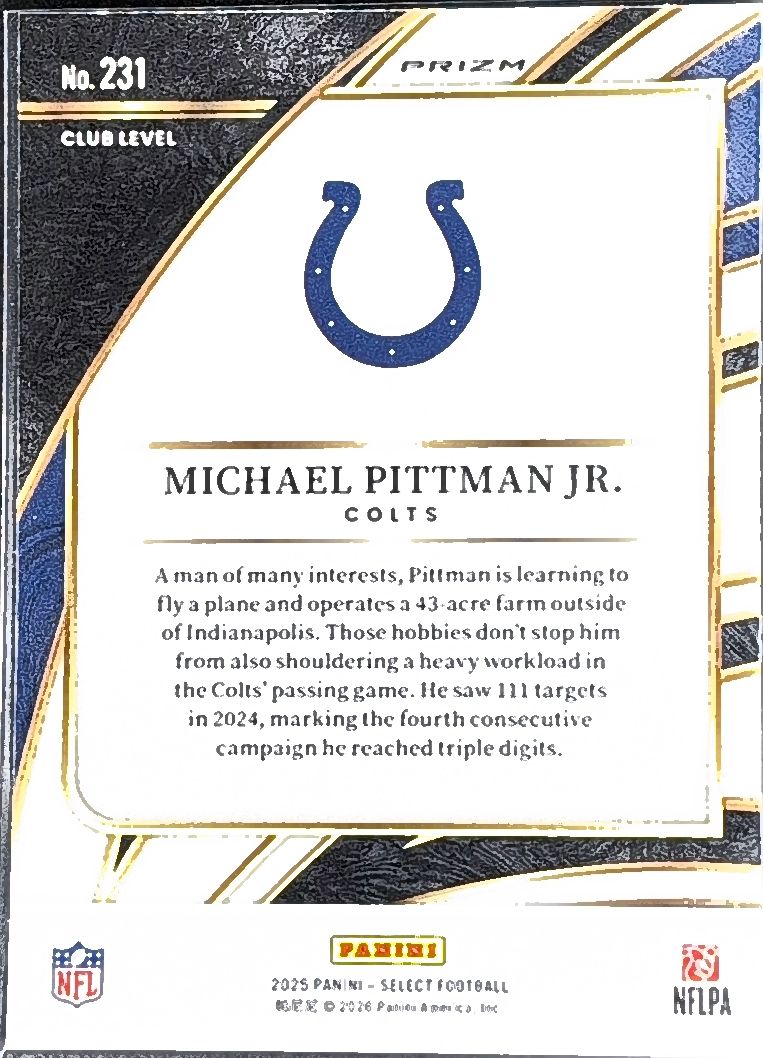 2025 Panini Select Michael Pittman Jr. #231 Green and Yellow Prizm Shock Indianapolis Colts back