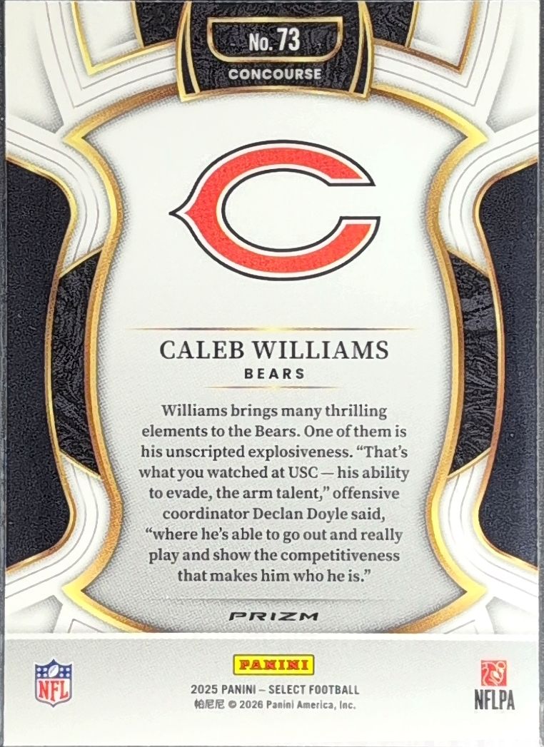 2025 Panini Select Caleb Williams #73 Green and Yellow Prizm Shock Chicago Bears back