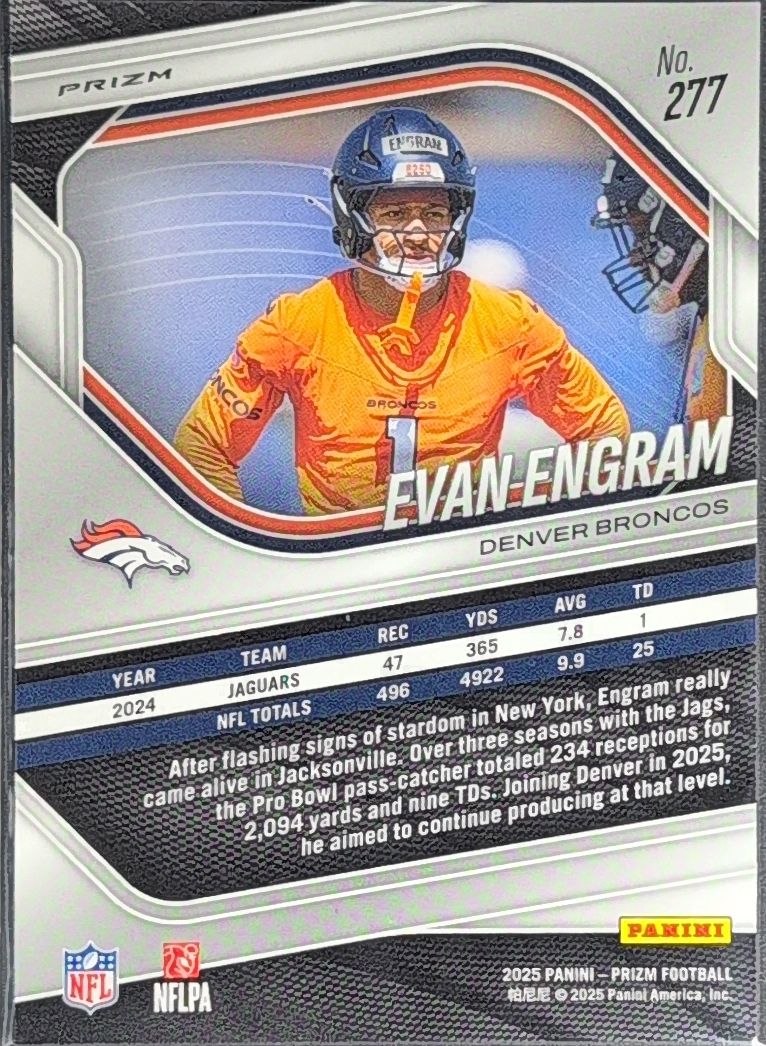 2025 Panini Prizm Evan Engram #277 Red White and Blue Denver Broncos back