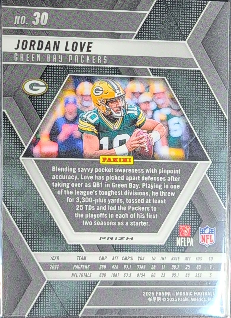 2025 Panini Mosaic Jordan Love #30 Mosaic Reactive Yellow Green Bay Packers back