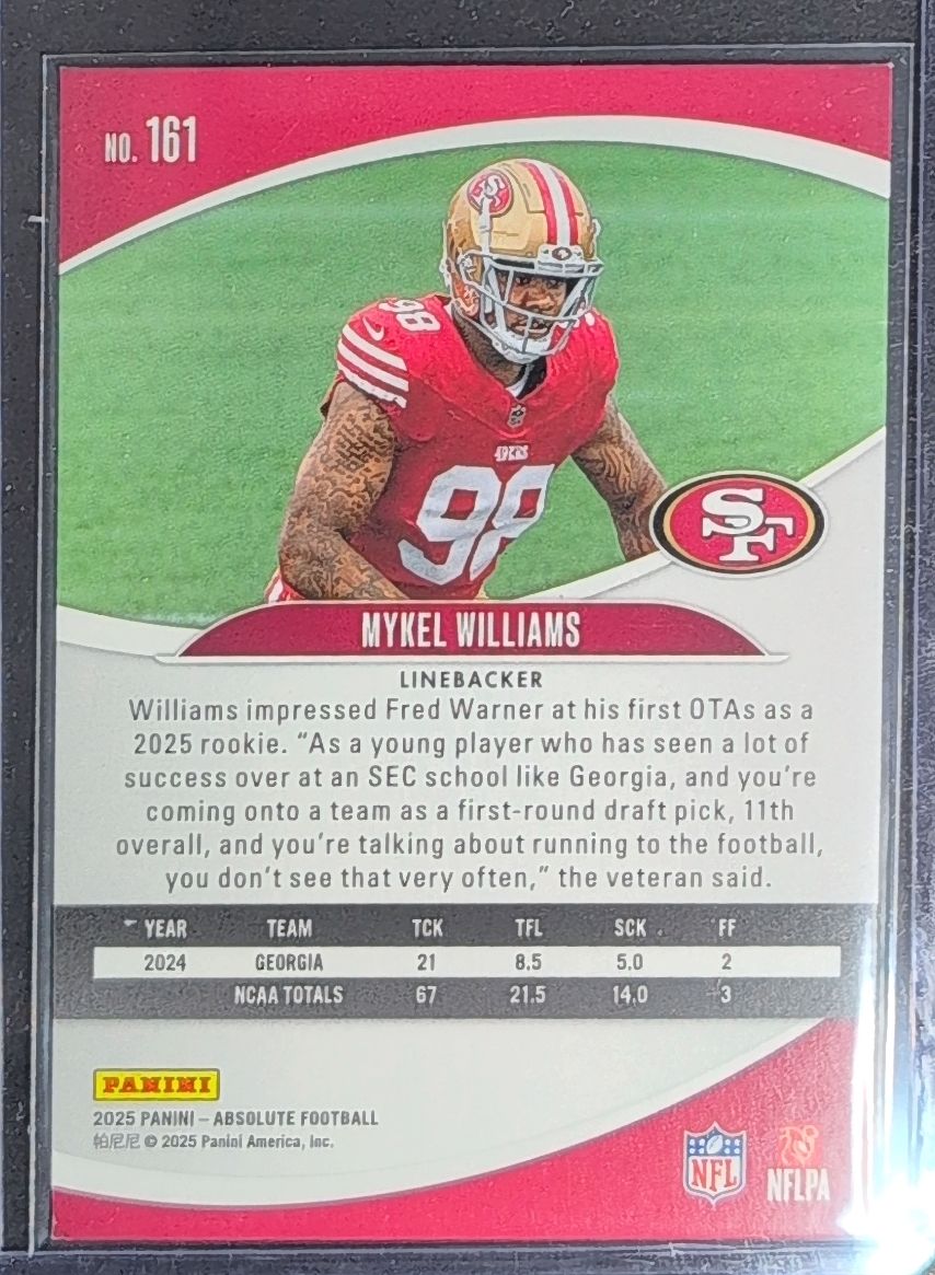 Mykel Williams 2025 Panini Absolute #161 Retail Rookie San Francisco 49ers