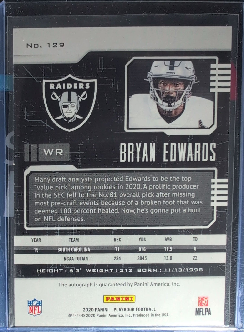Bryan Edwards 2020 Panini Playbook #129 autoraph 49 Rookie RC Las Vegas Raiders - back image