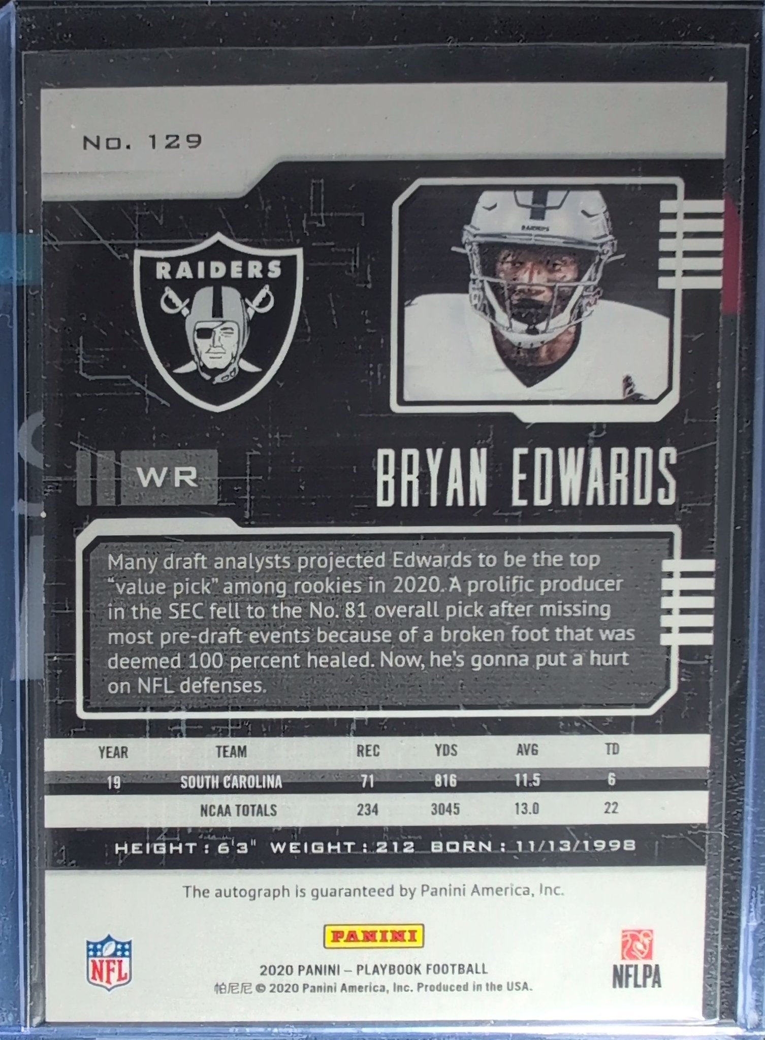 Bryan Edwards 2020 Panini Playbook #129 autoraph 49 Rookie RC Las Vegas Raiders - back image