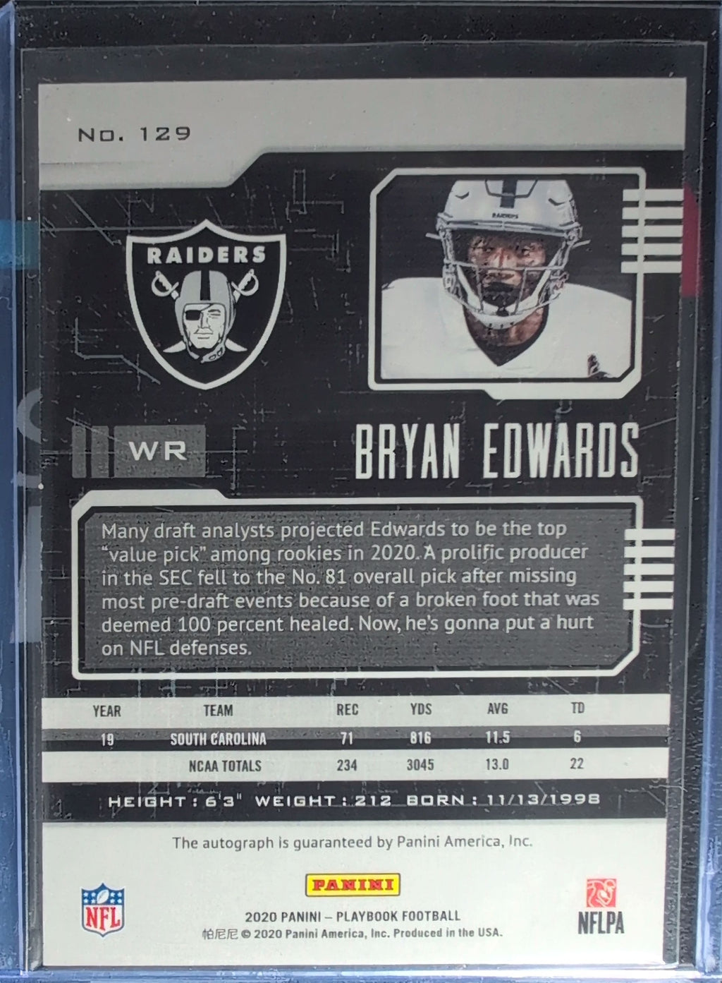 2020 Panini Playbook Bryan Edwards #129 autoraph /49 SN,RC Las Vegas Raiders back
