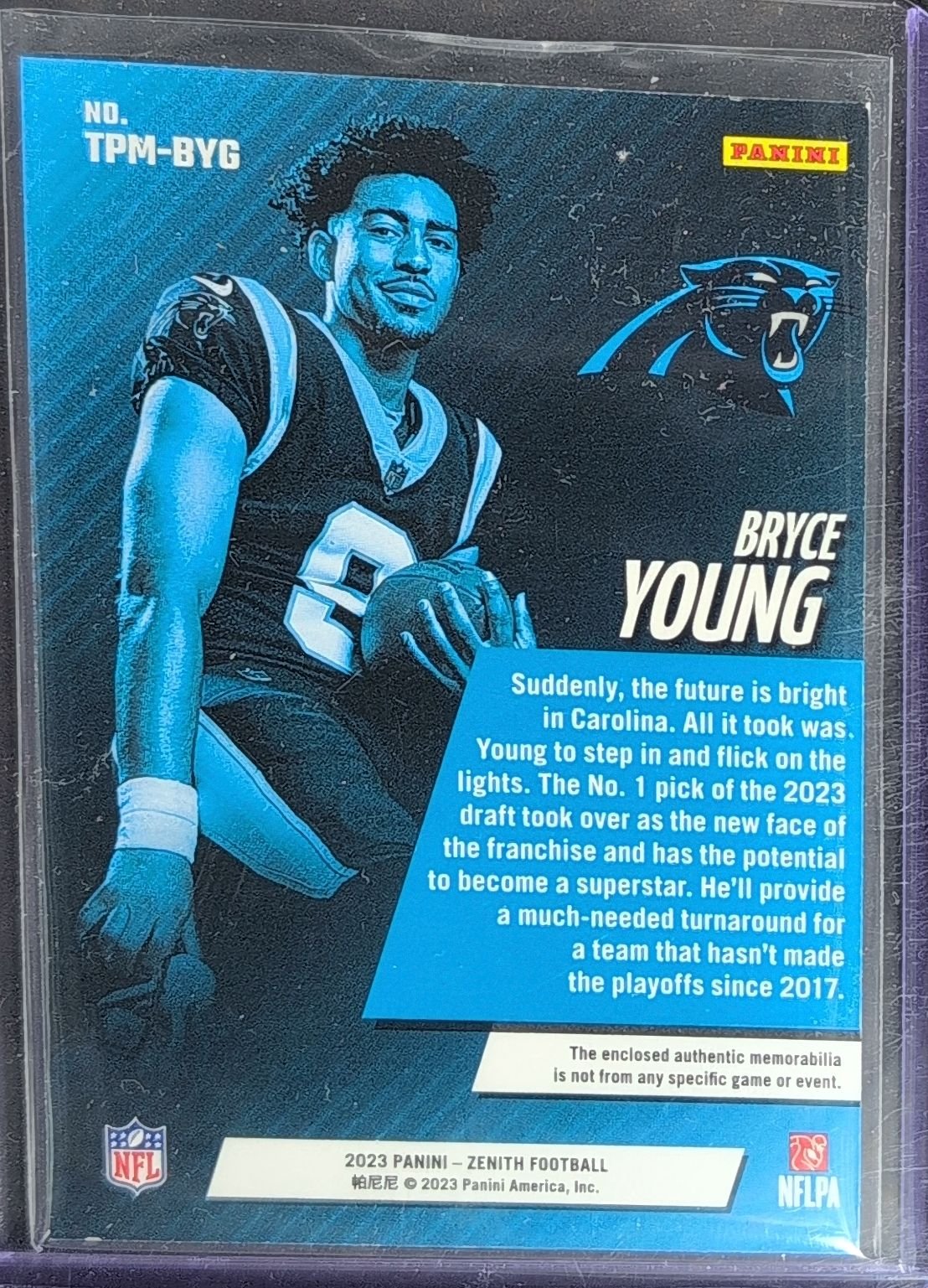 Bryce Young 2023 Panini Zenith #TPM-BYG Turning Pro Memorabilia Carolina Panthers - back image
