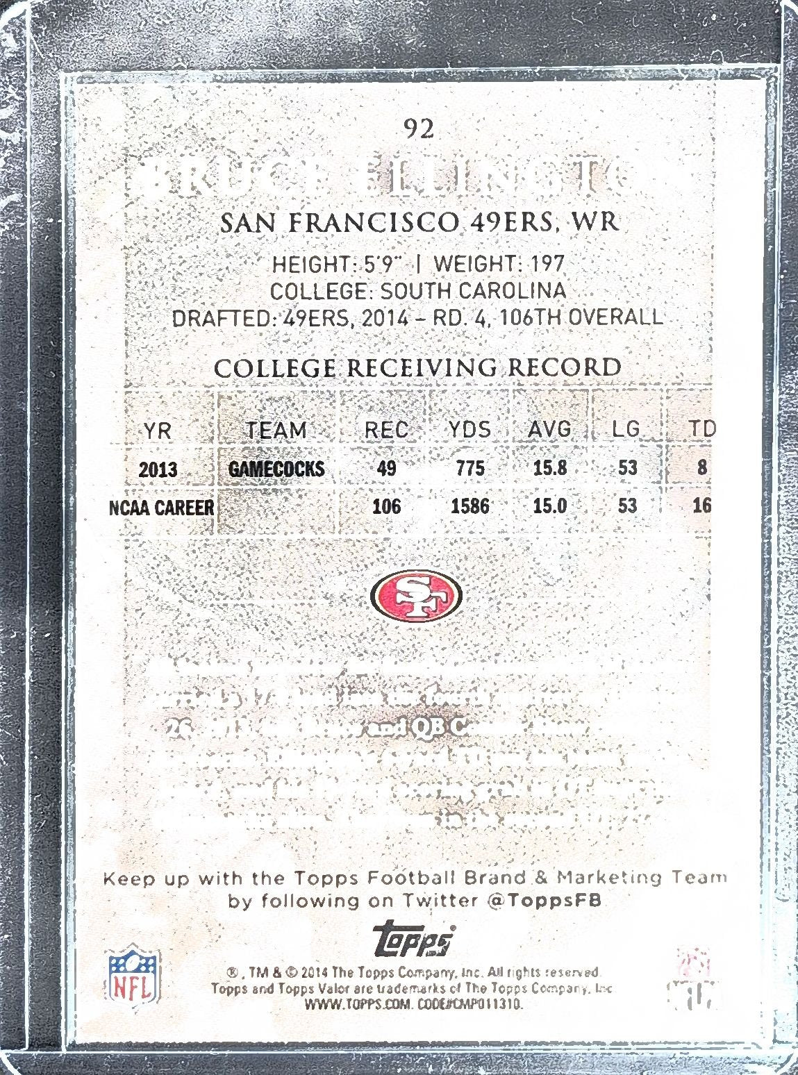 Bruce Ellington 2014 Topps Valor #92 Courage Rookie RC San Francisco 49ers - back image