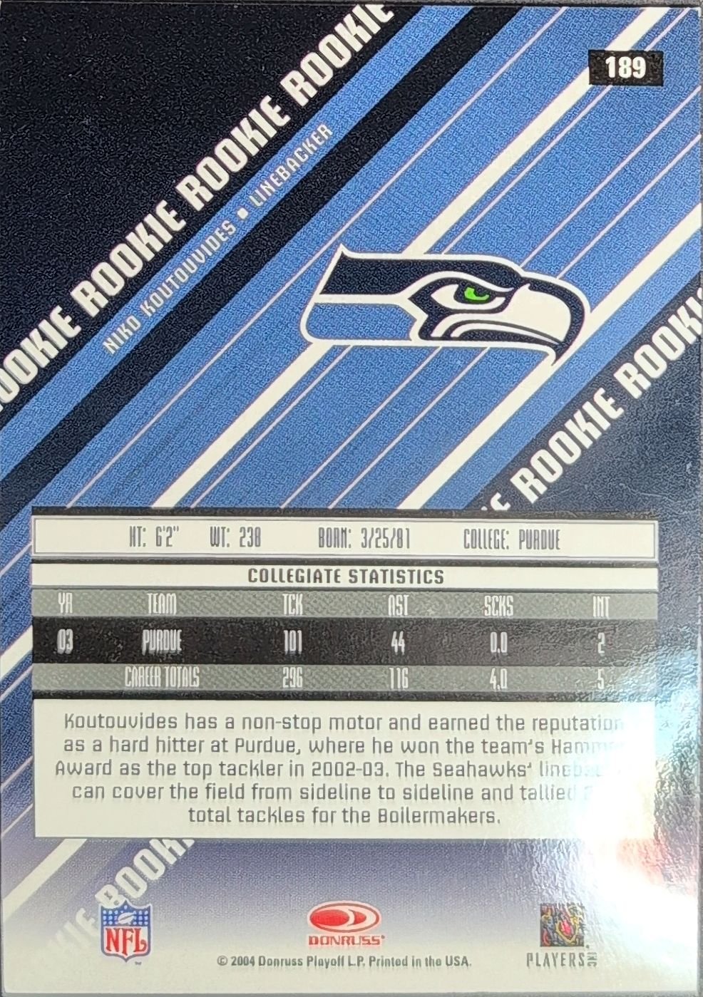 Niko Koutouvides 2004 Leaf Rookies & Stars #189 Longevity Rookie RC Seattle Seahawks - back image