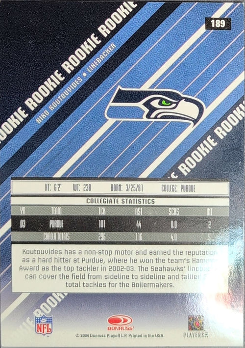 2004 Leaf Rookies & Stars Niko Koutouvides #189 Longevity SN,RC Seattle Seahawks back