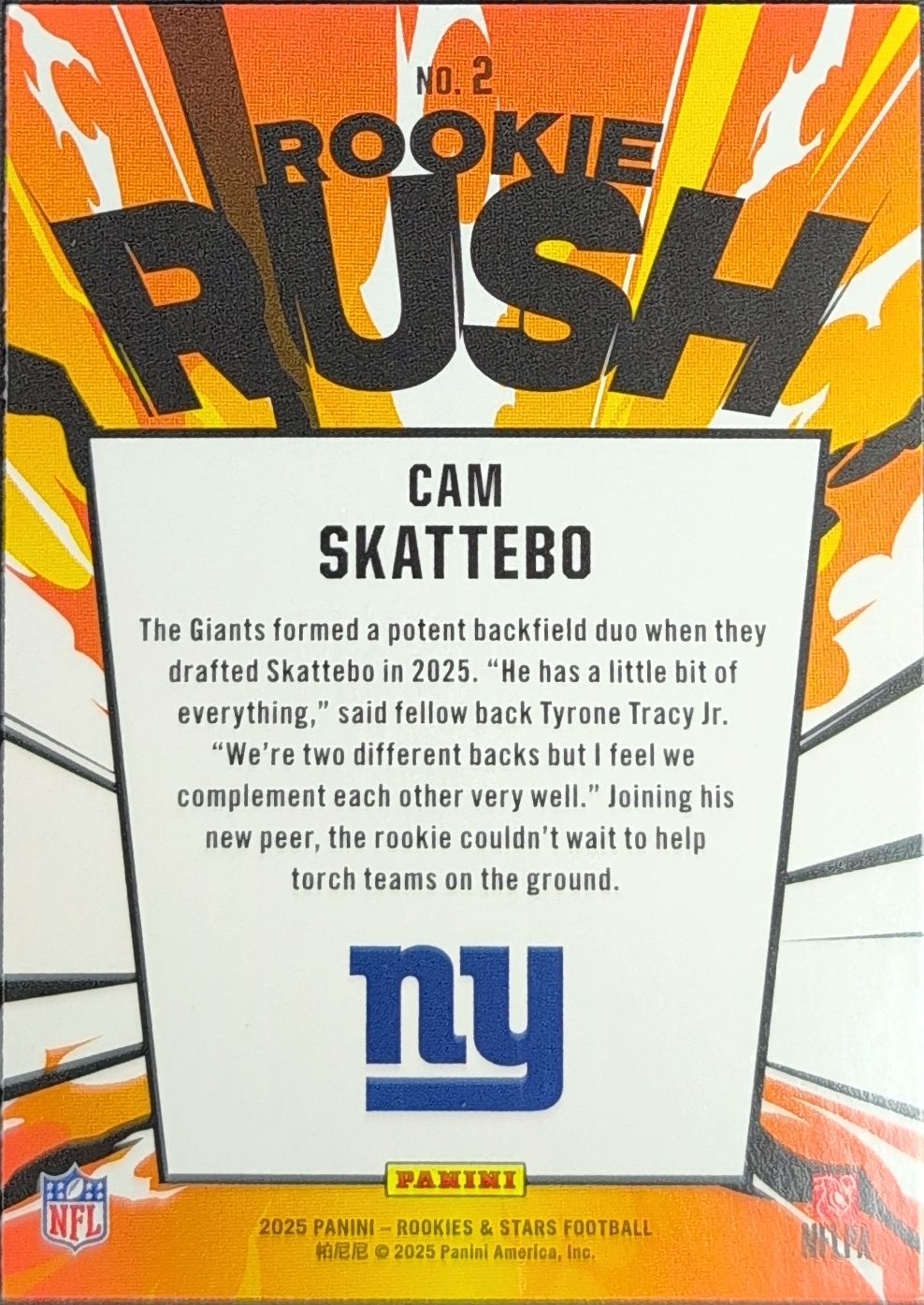 2025 Panini Rookies & Stars Cam Skattebo #2 Rookie Rush New York Giants back
