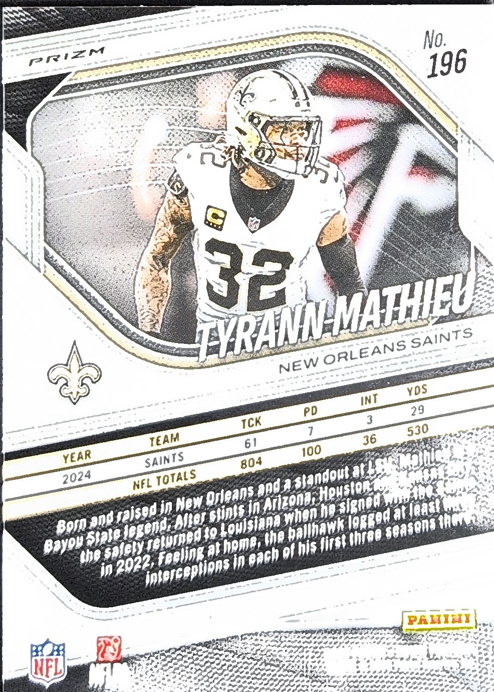 2025 Panini Prizm Tyrann Mathieu #196 White Disco New Orleans Saints back