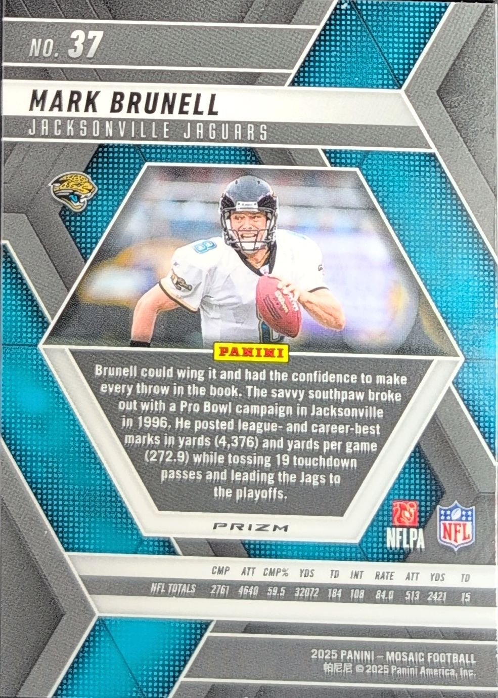 Mark Brunell 2025 Panini Mosaic #37 Mosaic Reactive Yellow Jacksonville Jaguars - back image