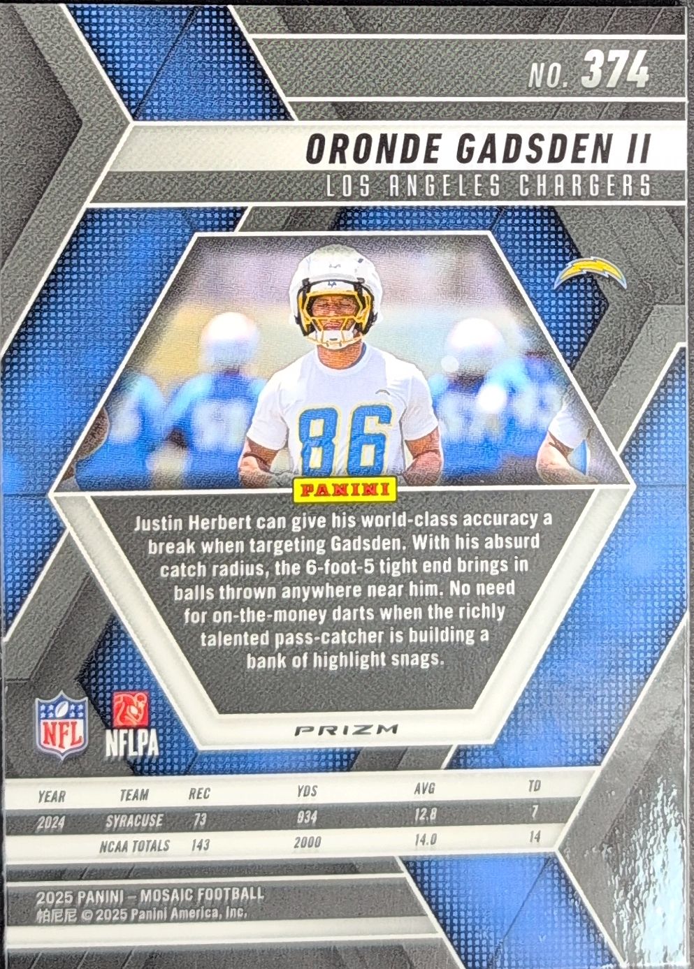 2025 Panini Mosaic Oronde Gadsden II #374 Mosaic Green RC Los Angeles Chargers back