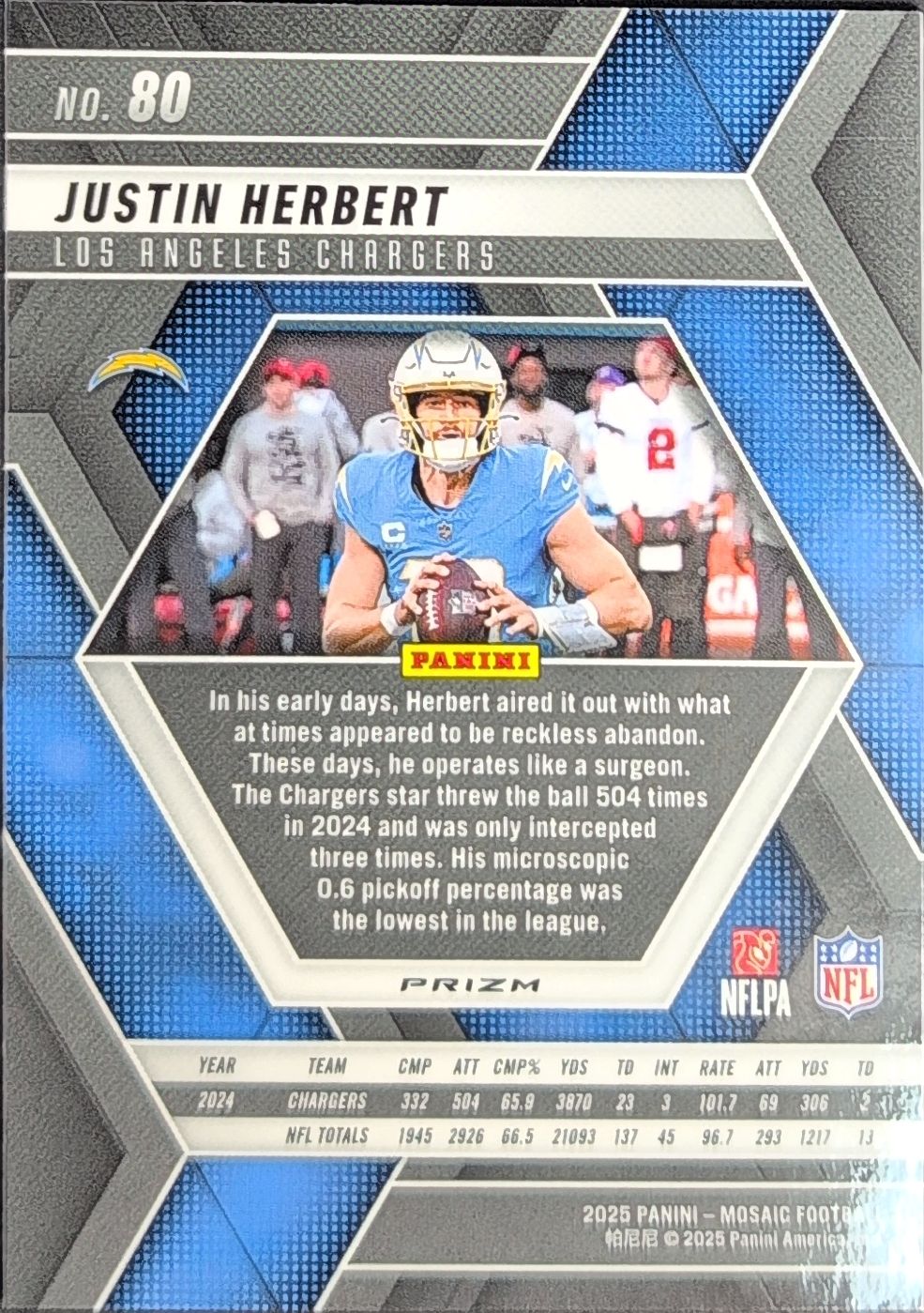 2025 Panini Mosaic Justin Herbert #80 Mosaic Reactive Yellow Los Angeles Chargers back