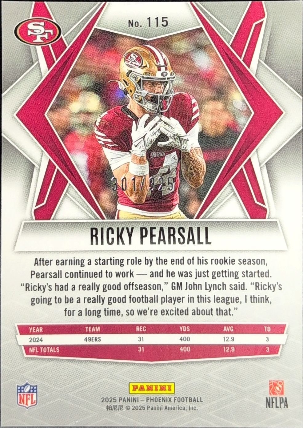 Ricky Pearsall 2025 Panini Phoenix #115 Light Blue Lava Prizm San Francisco 49ers - back image