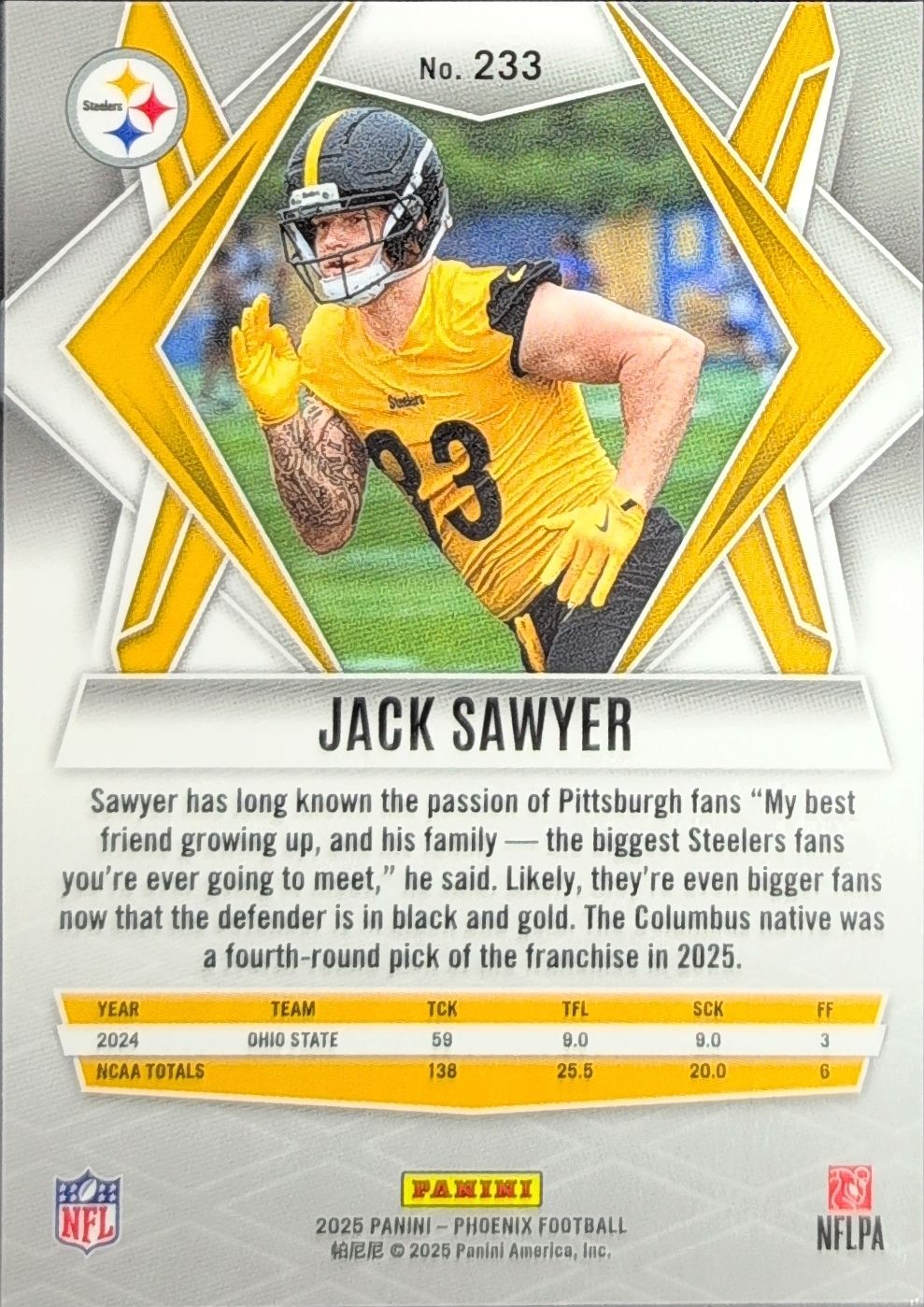 2025 Panini Phoenix Jack Sawyer #233 Silver Seismic Prizm RC Pittsburgh Steelers back