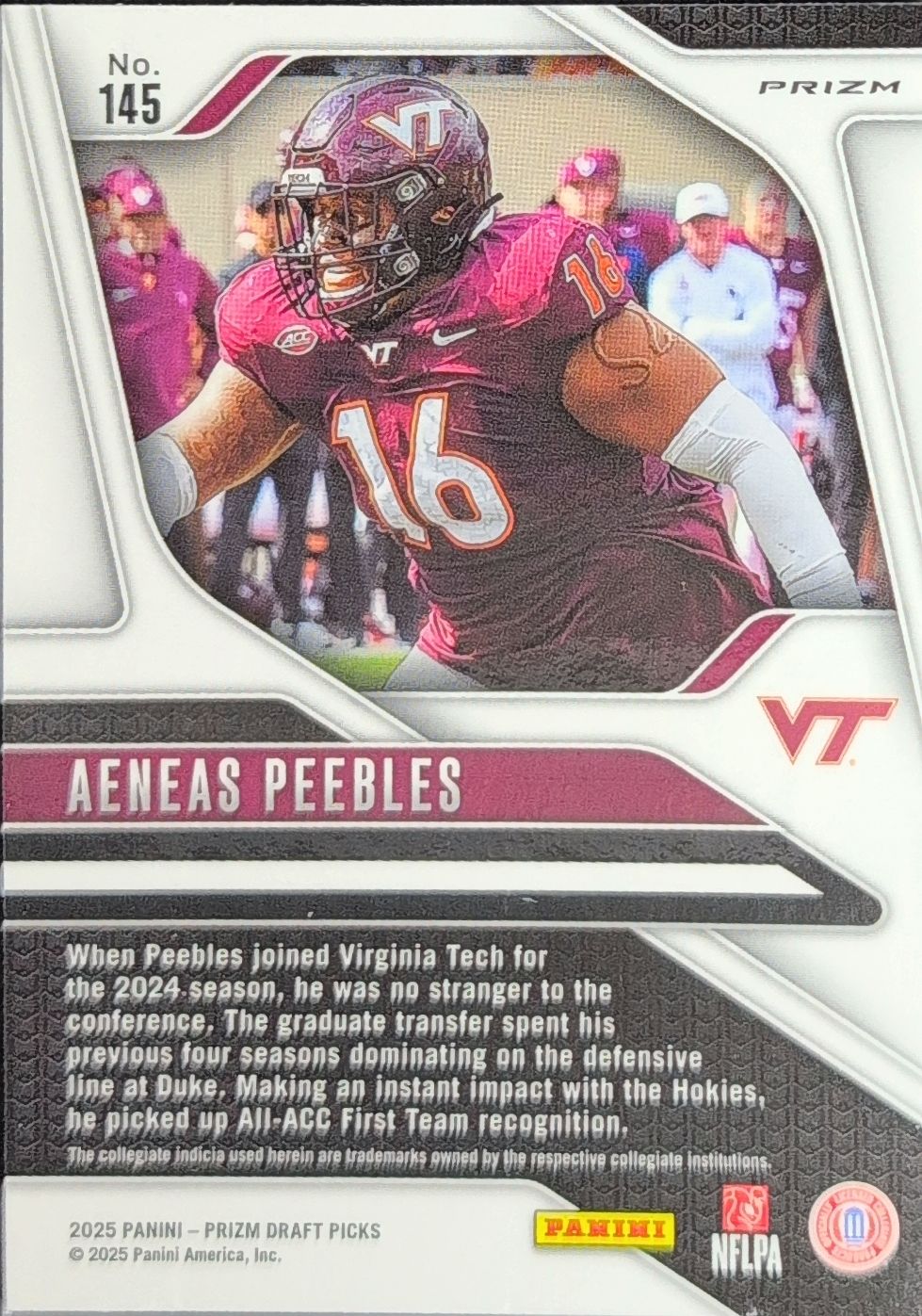 2025 Panini Prizm Draft Picks Aeneas Peebles #145 Prizms Red Ice Virginia Tech Hokies back